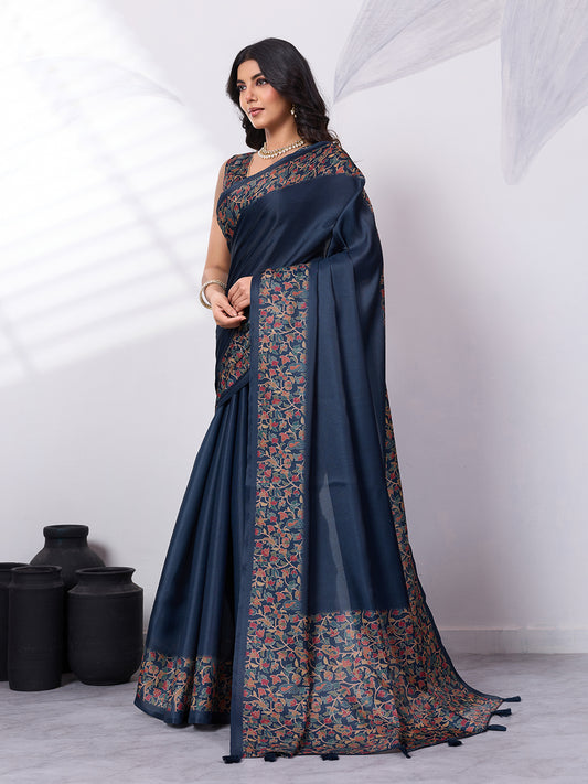 Sattin Tussar Silk Digital Printed Saree With Tassels