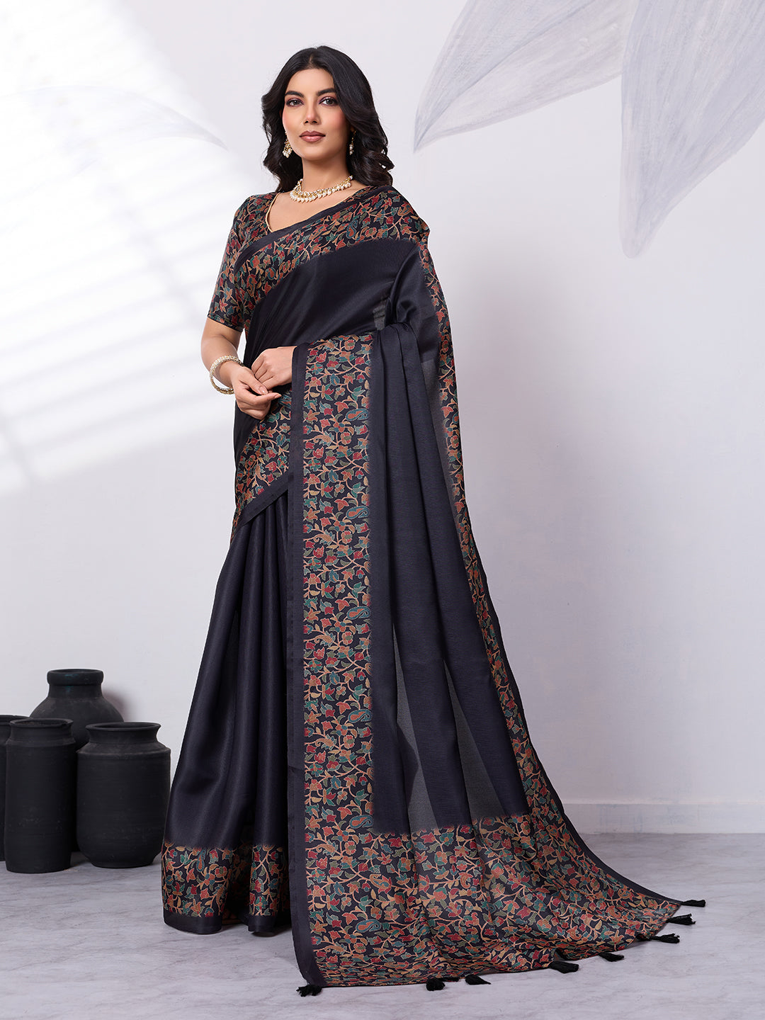 Sattin Tussar Silk Digital Printed Saree With Tassels