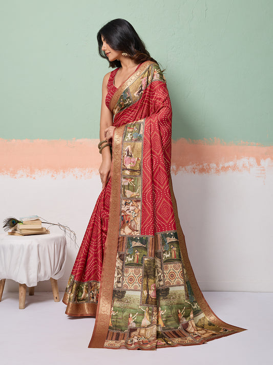 Red Tussar Silk Bandhani Print Saree With Jacquard Border