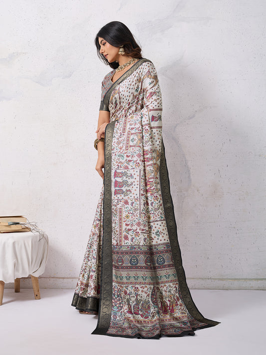 Tussar Silk Digital Kalamkari Print Saree With Jacquard Border