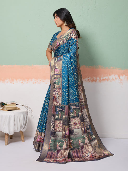 Blue Tussar Silk Bandhani Print Saree With Jacquard Border