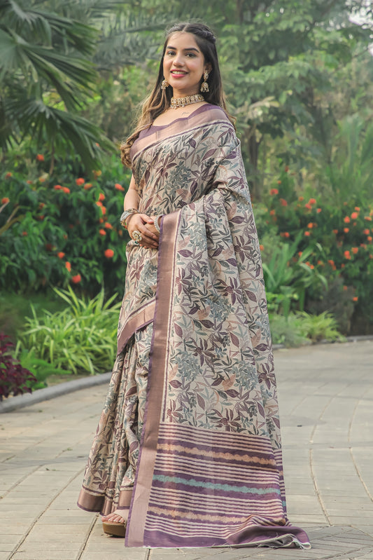 Wine Floral Print Tussar Silk Saree With Jari Border