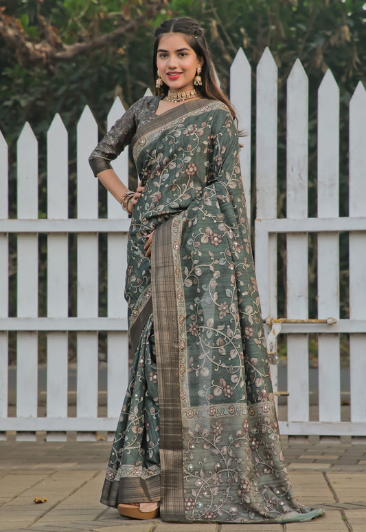Green Kalamkari Mirror Work Tussar Saree