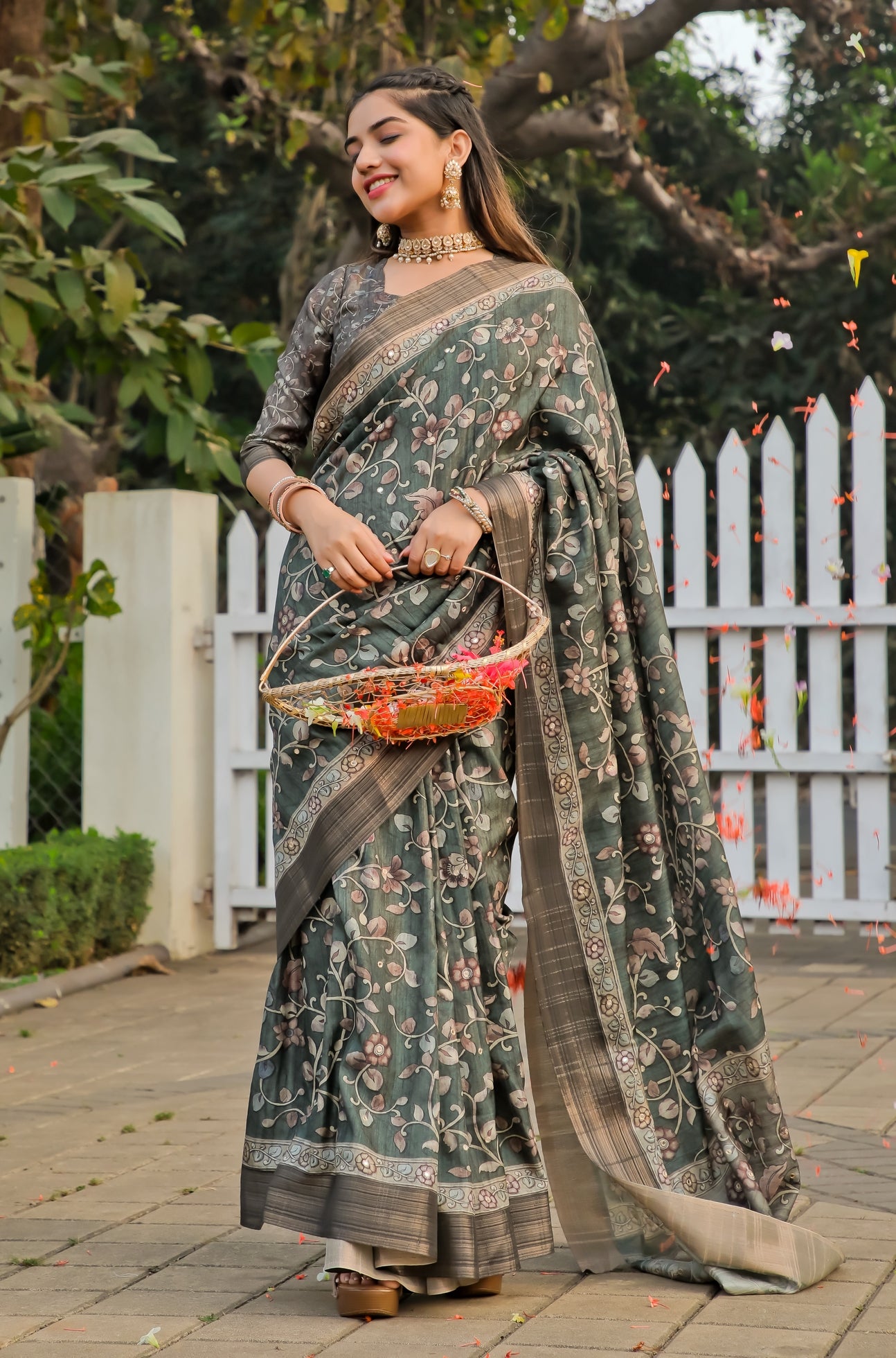 Green Kalamkari Mirror Work Tussar Saree