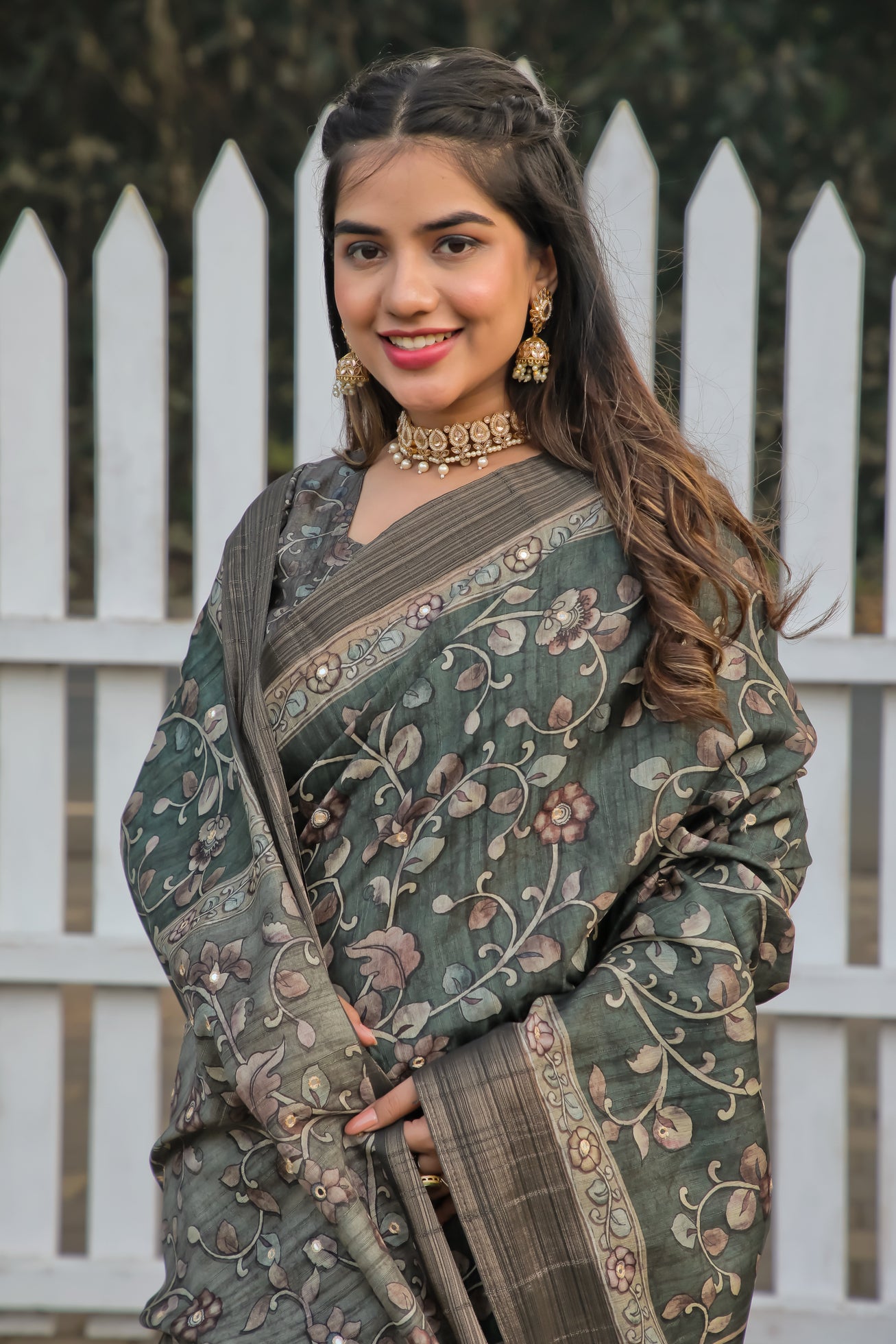 Green Kalamkari Mirror Work Tussar Saree