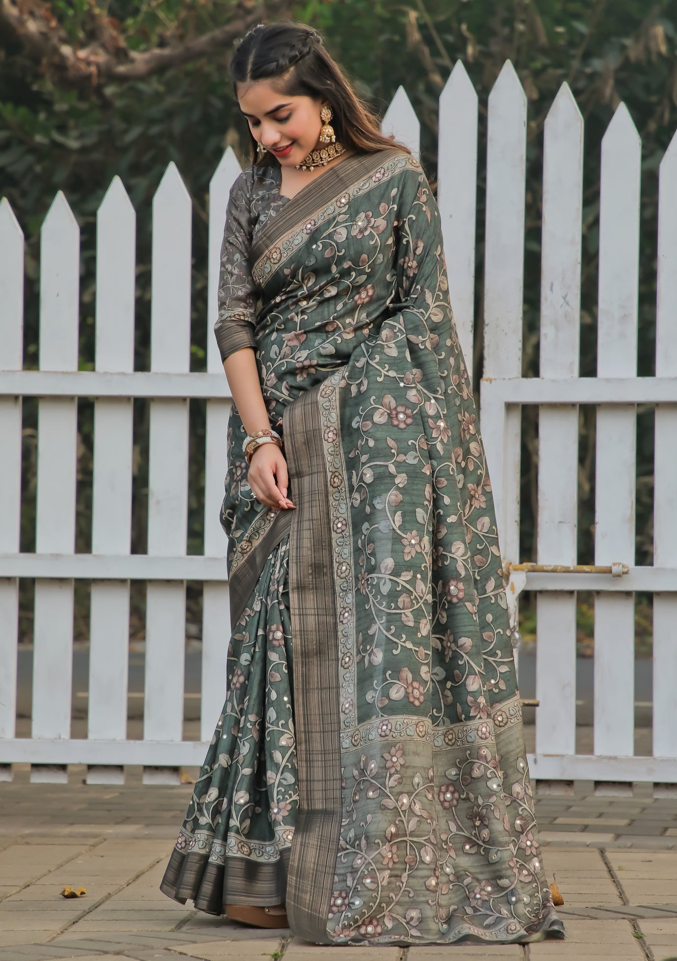 Green Kalamkari Mirror Work Tussar Saree