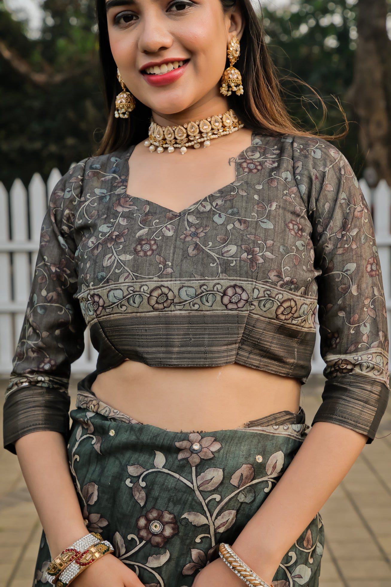 Green Kalamkari Mirror Work Tussar Saree