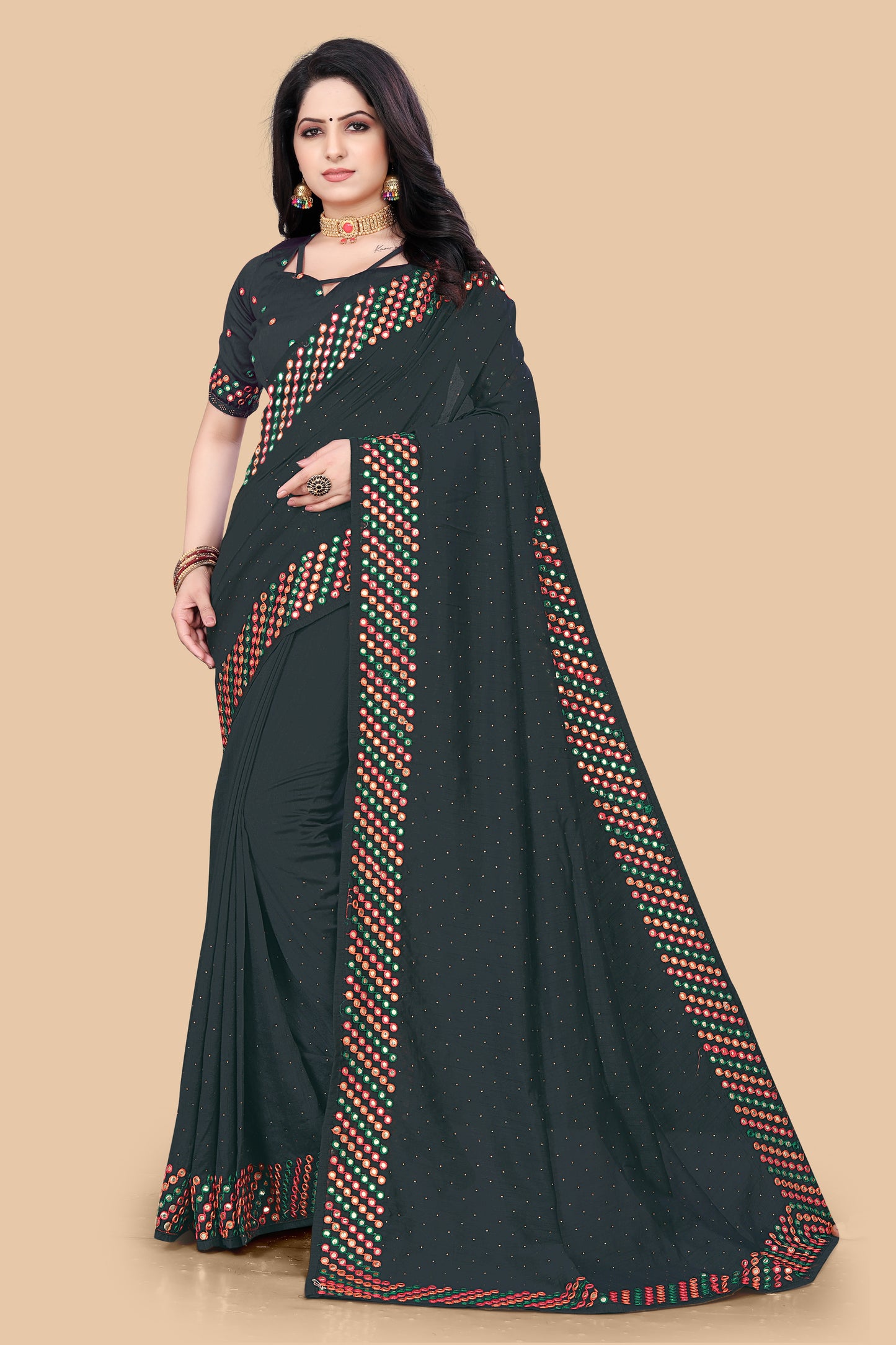Stunning Wine Dola Silk Saree With Mirror Embroidery Work