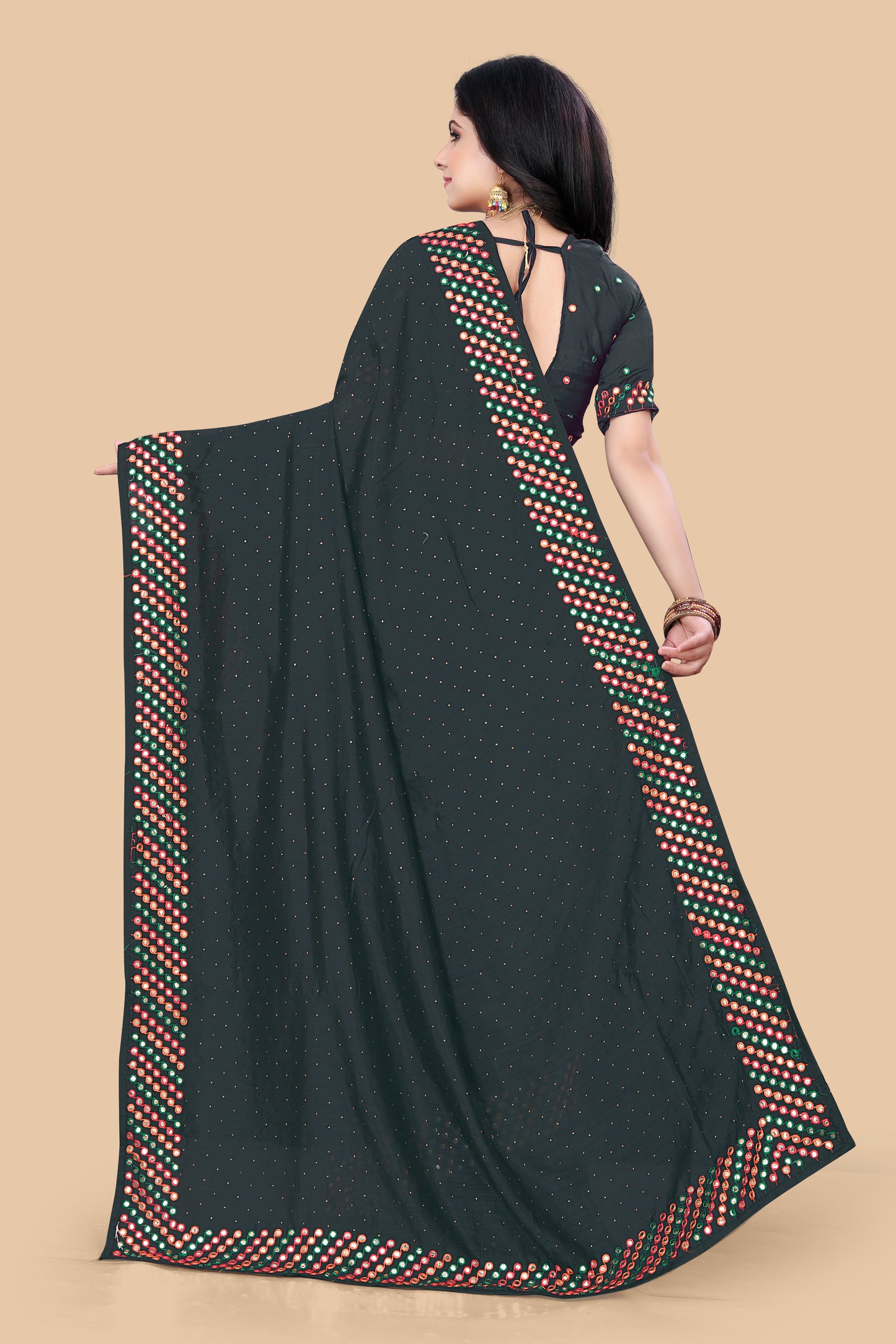 Stunning Wine Dola Silk Saree With Mirror Embroidery Work