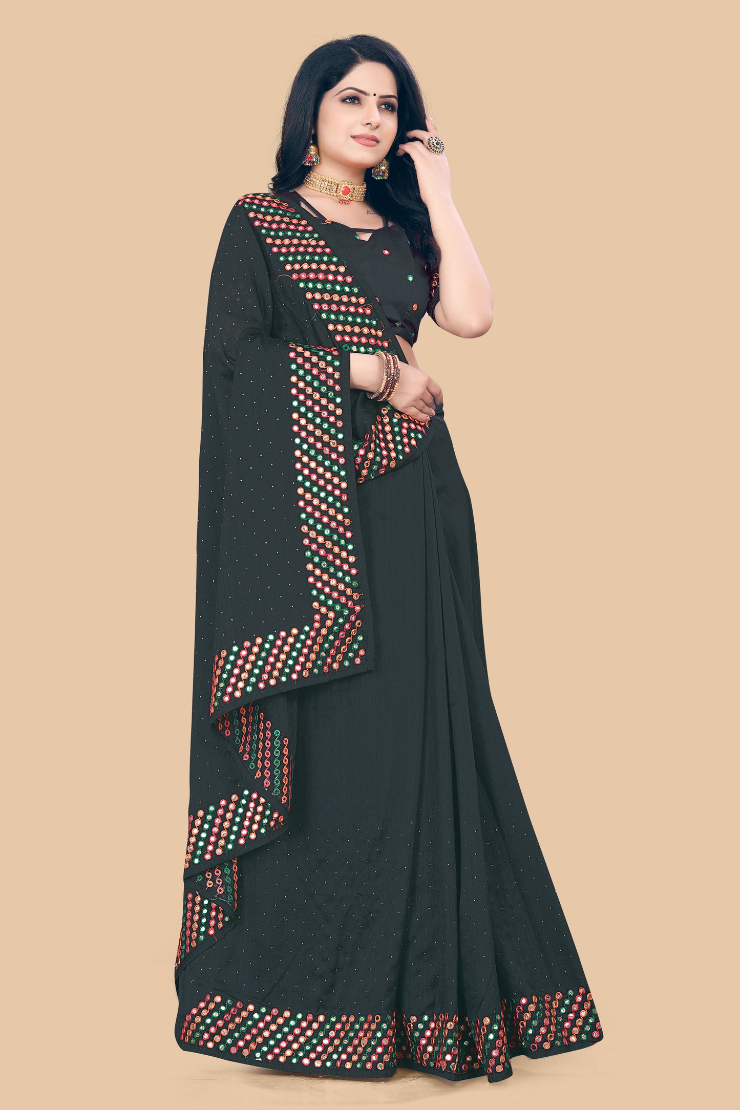 Stunning Wine Dola Silk Saree With Mirror Embroidery Work