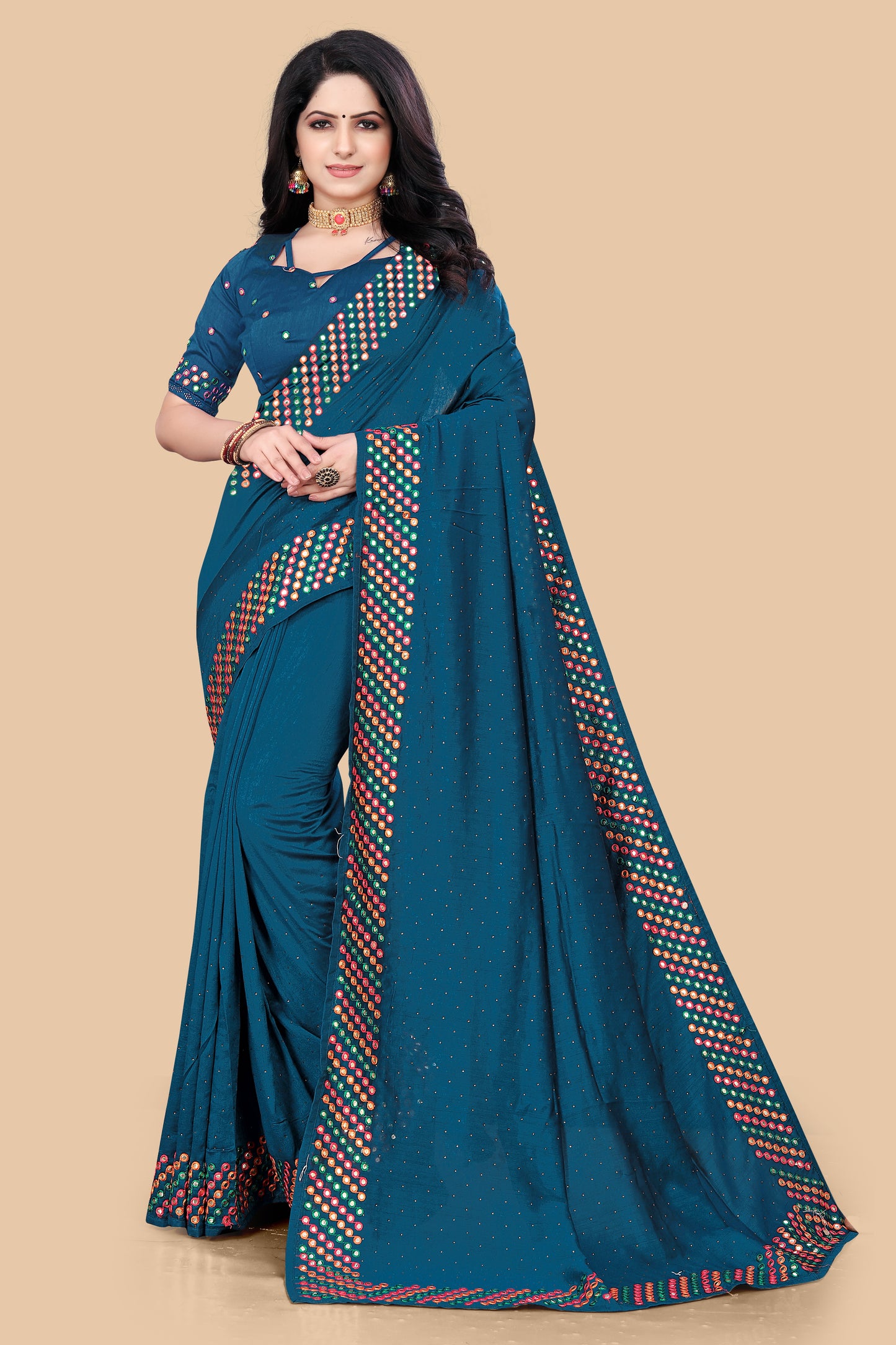 Stunning Wine Dola Silk Saree With Mirror Embroidery Work
