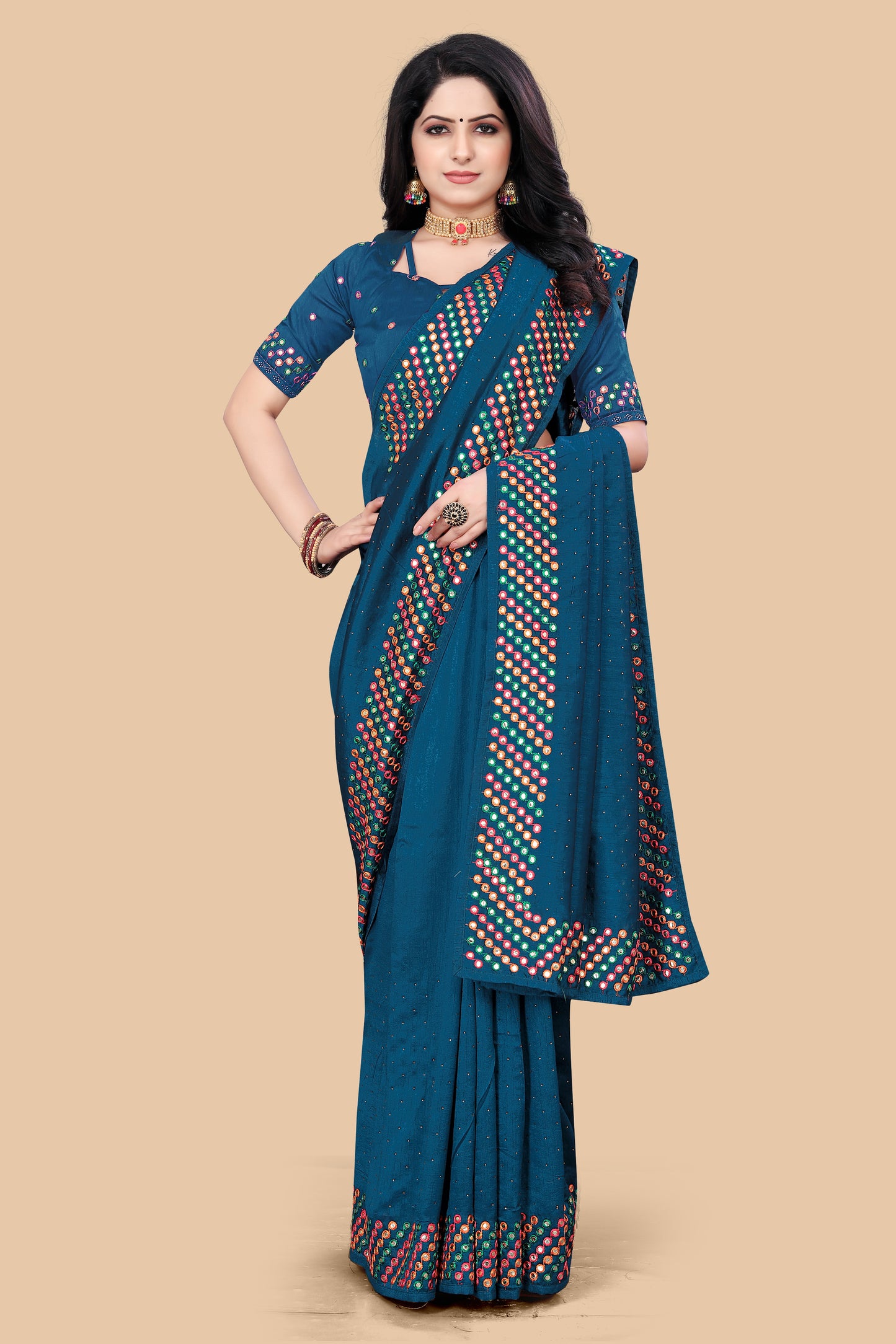 Stunning Wine Dola Silk Saree With Mirror Embroidery Work