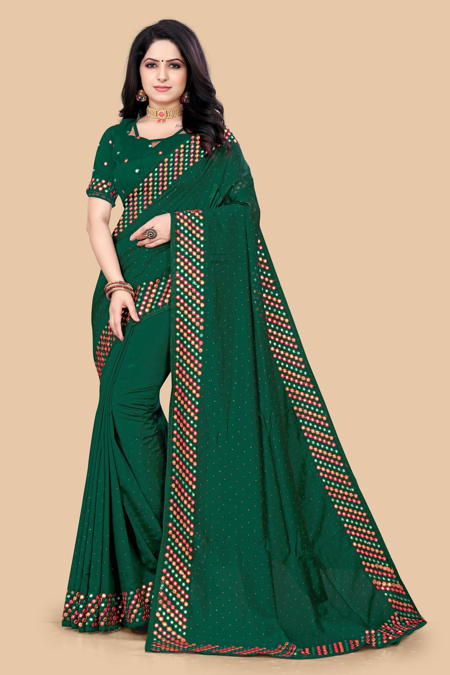 Stunning Wine Dola Silk Saree With Mirror Embroidery Work