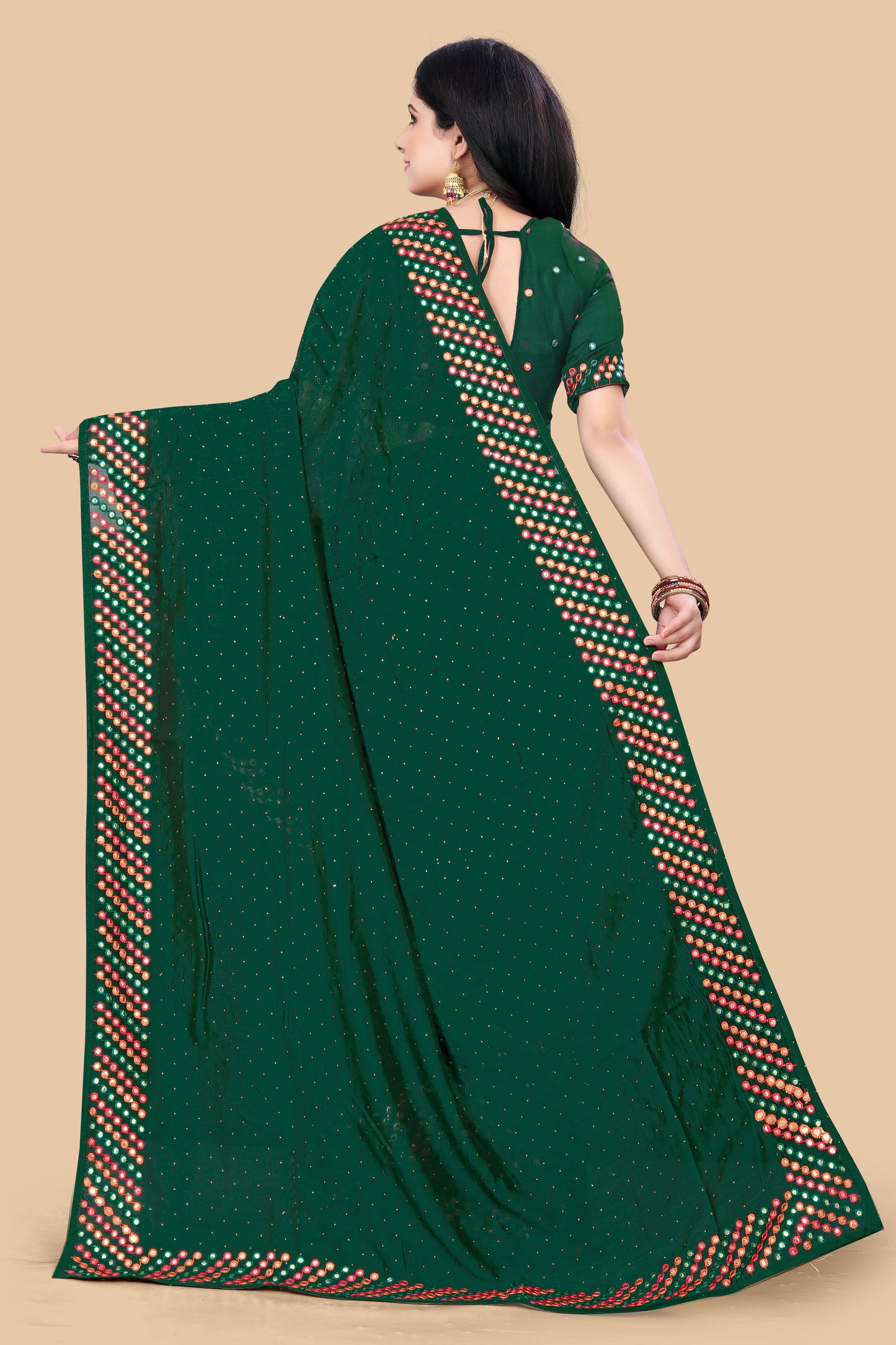 Stunning Wine Dola Silk Saree With Mirror Embroidery Work