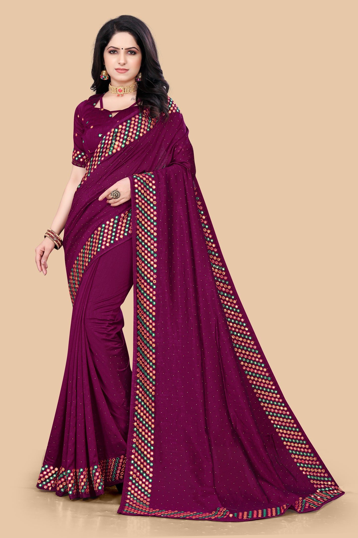 Stunning Wine Dola Silk Saree With Mirror Embroidery Work