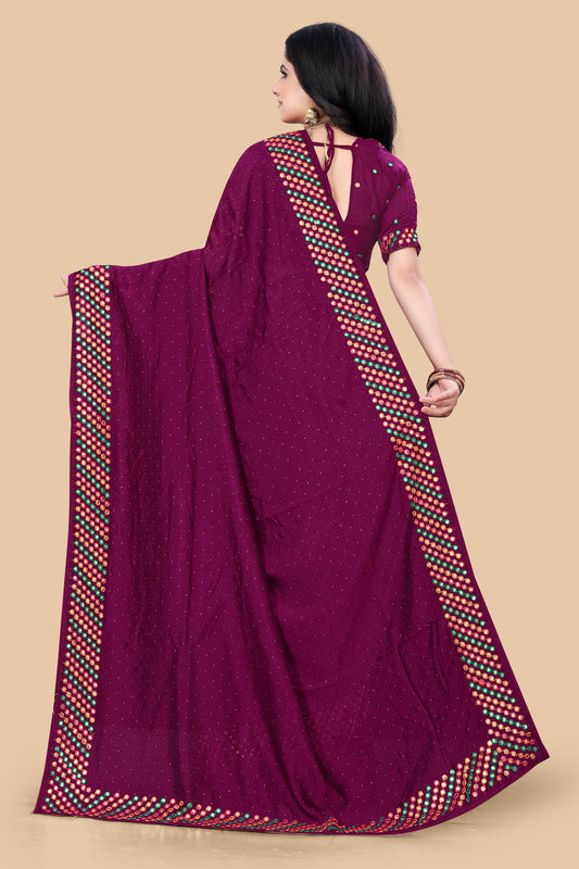 Stunning Wine Dola Silk Saree With Mirror Embroidery Work