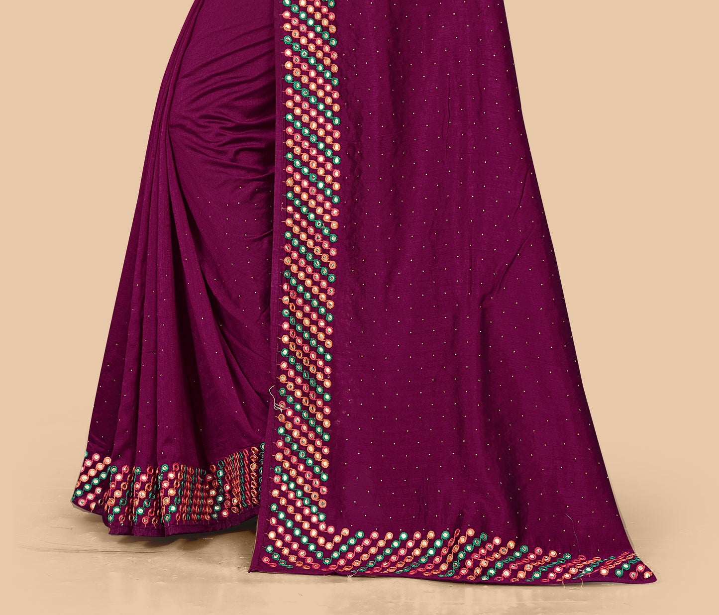 Stunning Wine Dola Silk Saree With Mirror Embroidery Work