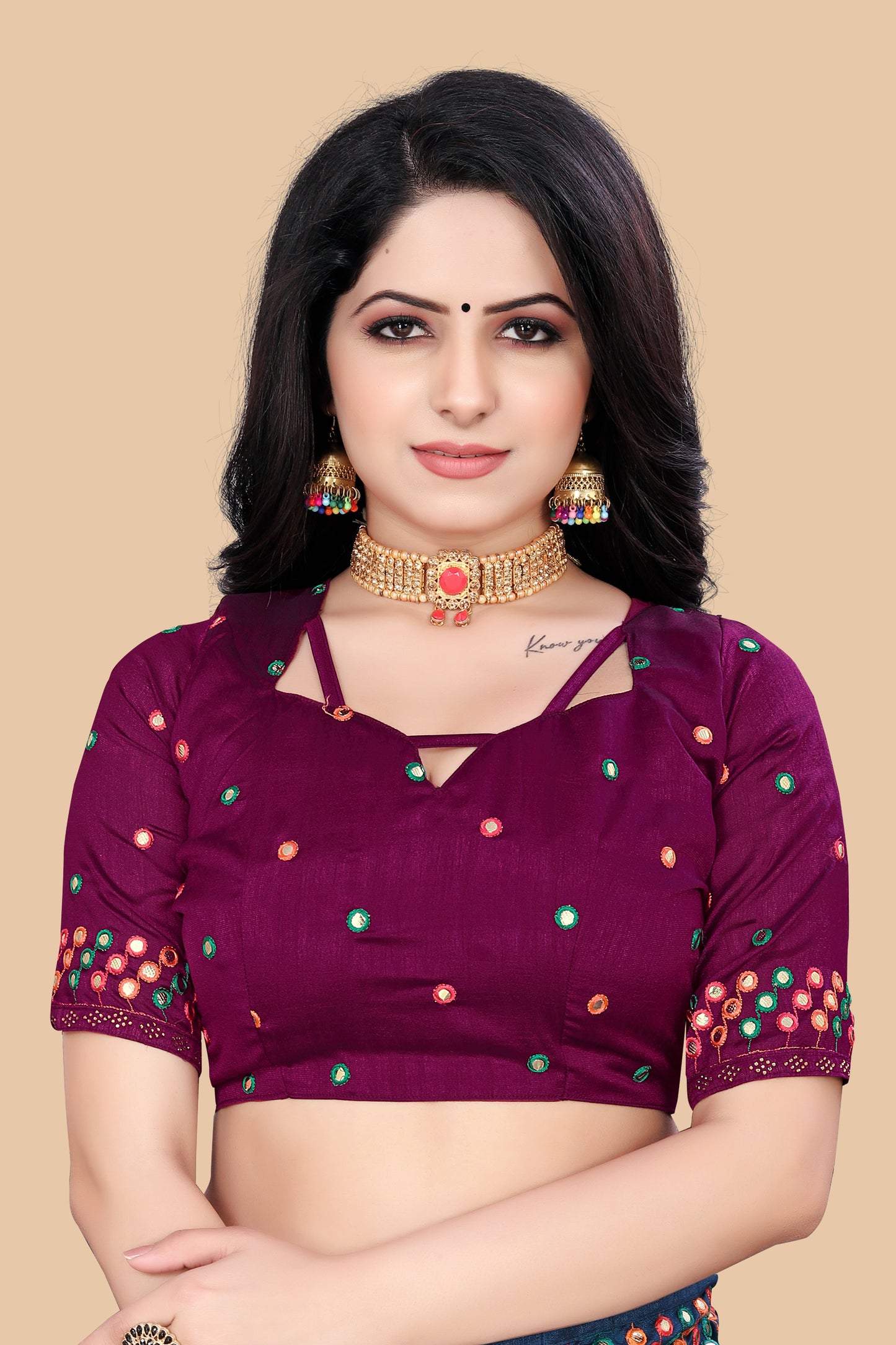 Stunning Wine Dola Silk Saree With Mirror Embroidery Work