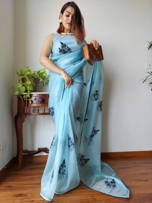 Stunning Blue Organza Silk Saree With Embroidery