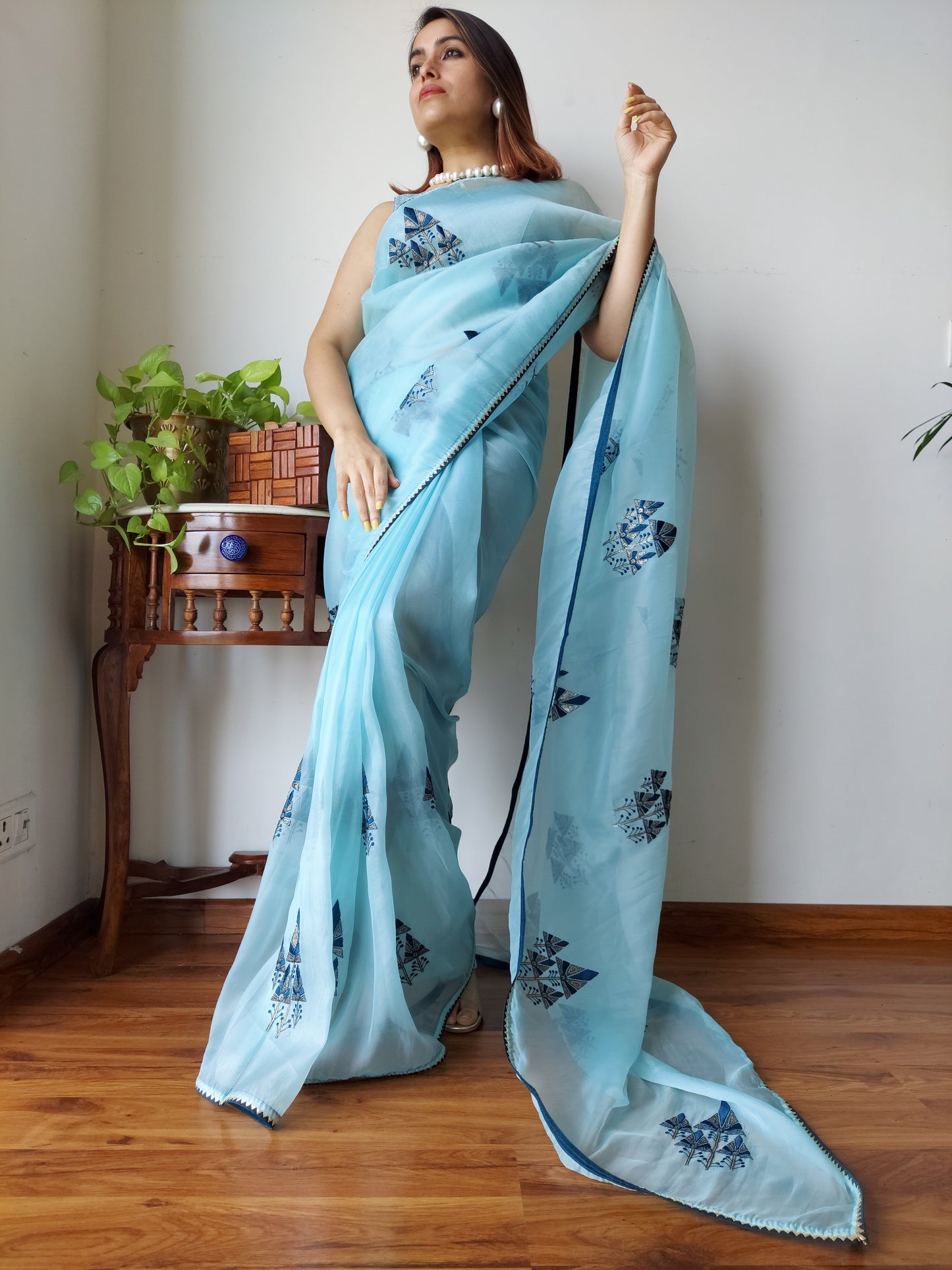 Stunning Blue Organza Silk Saree With Embroidery