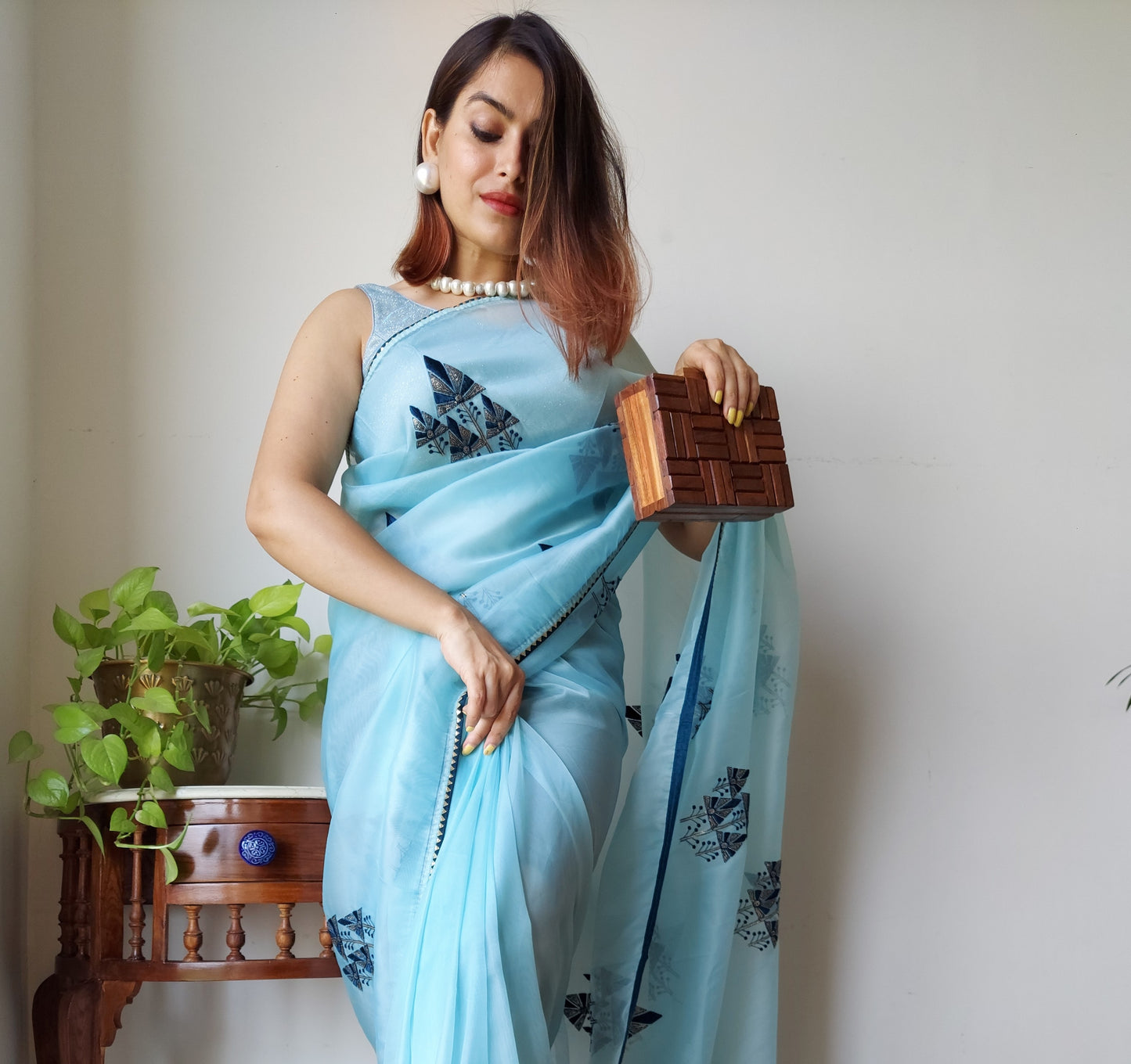 Stunning Blue Organza Silk Saree With Embroidery