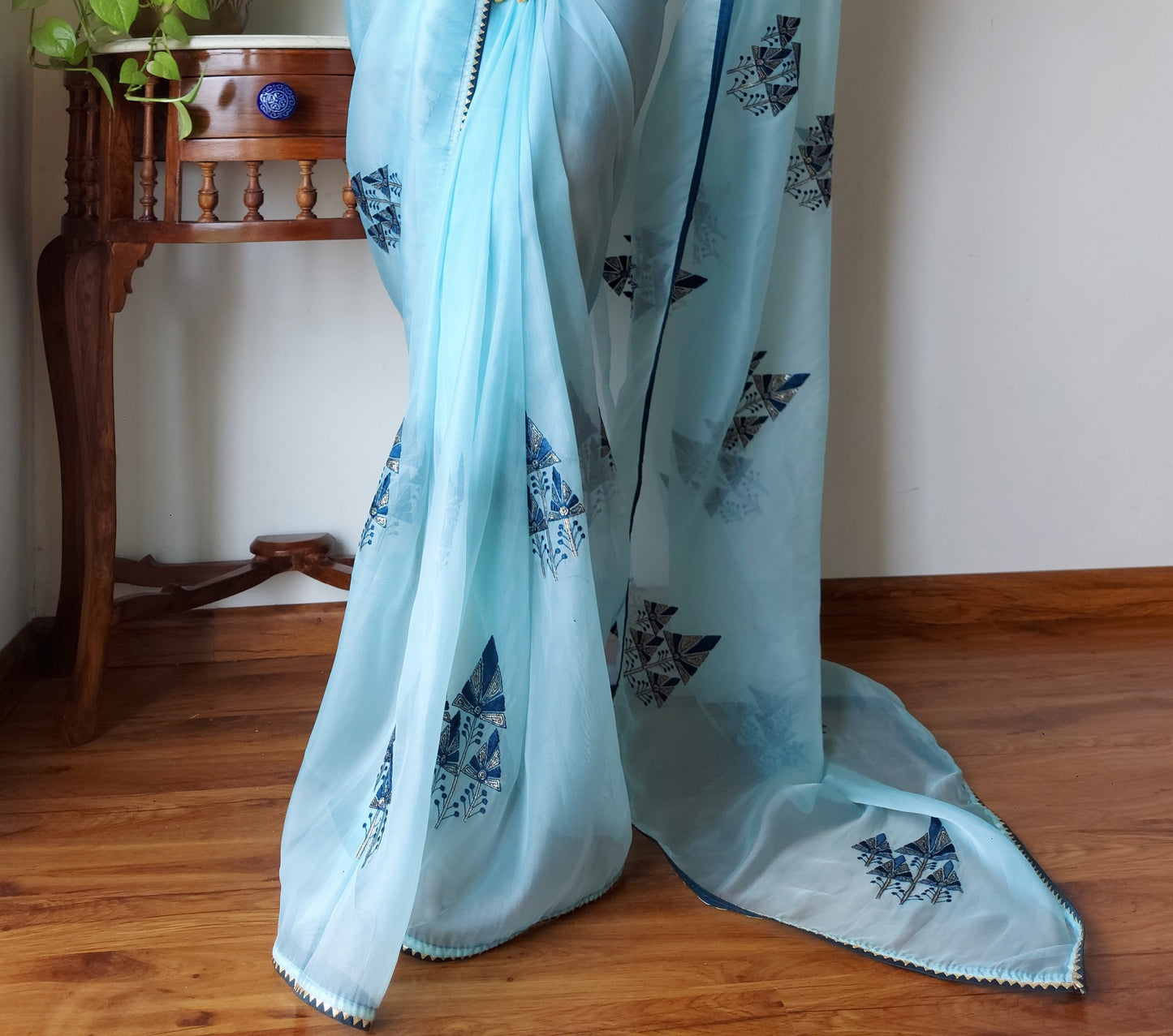 Stunning Blue Organza Silk Saree With Embroidery