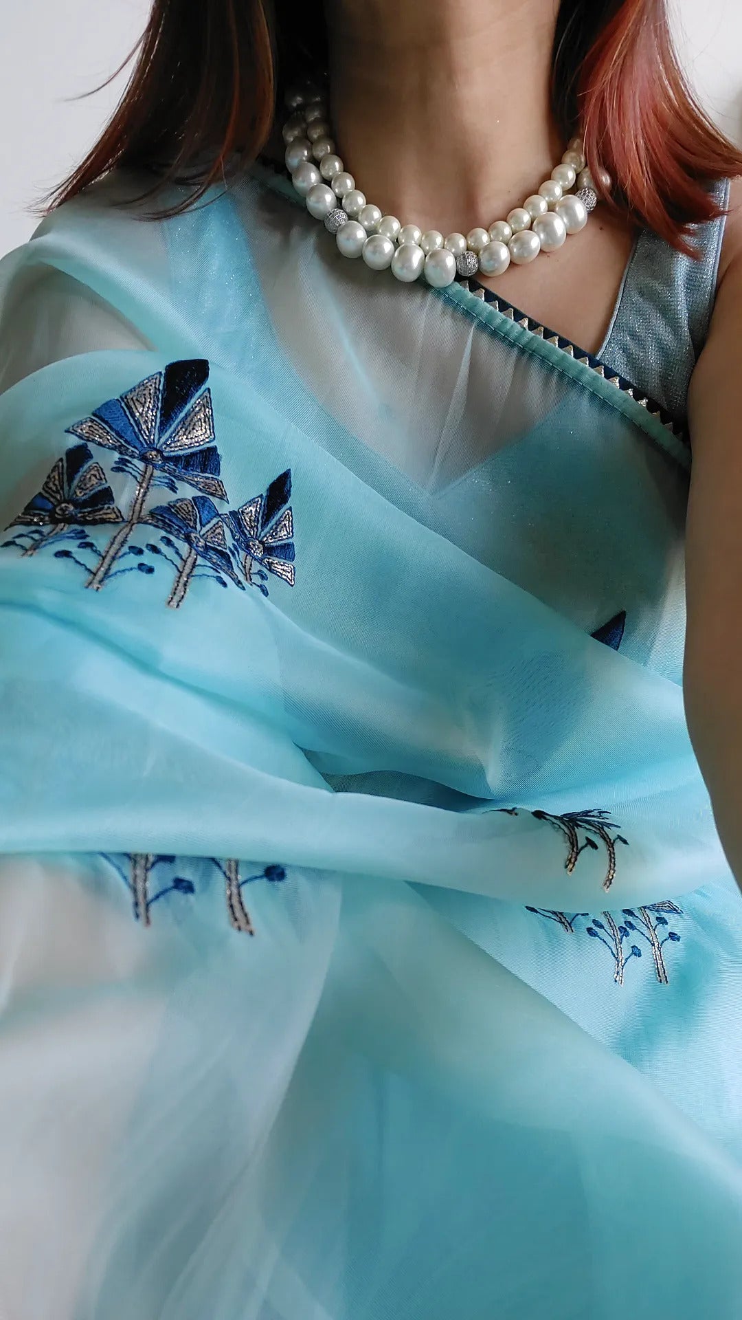 Stunning Blue Organza Silk Saree With Embroidery
