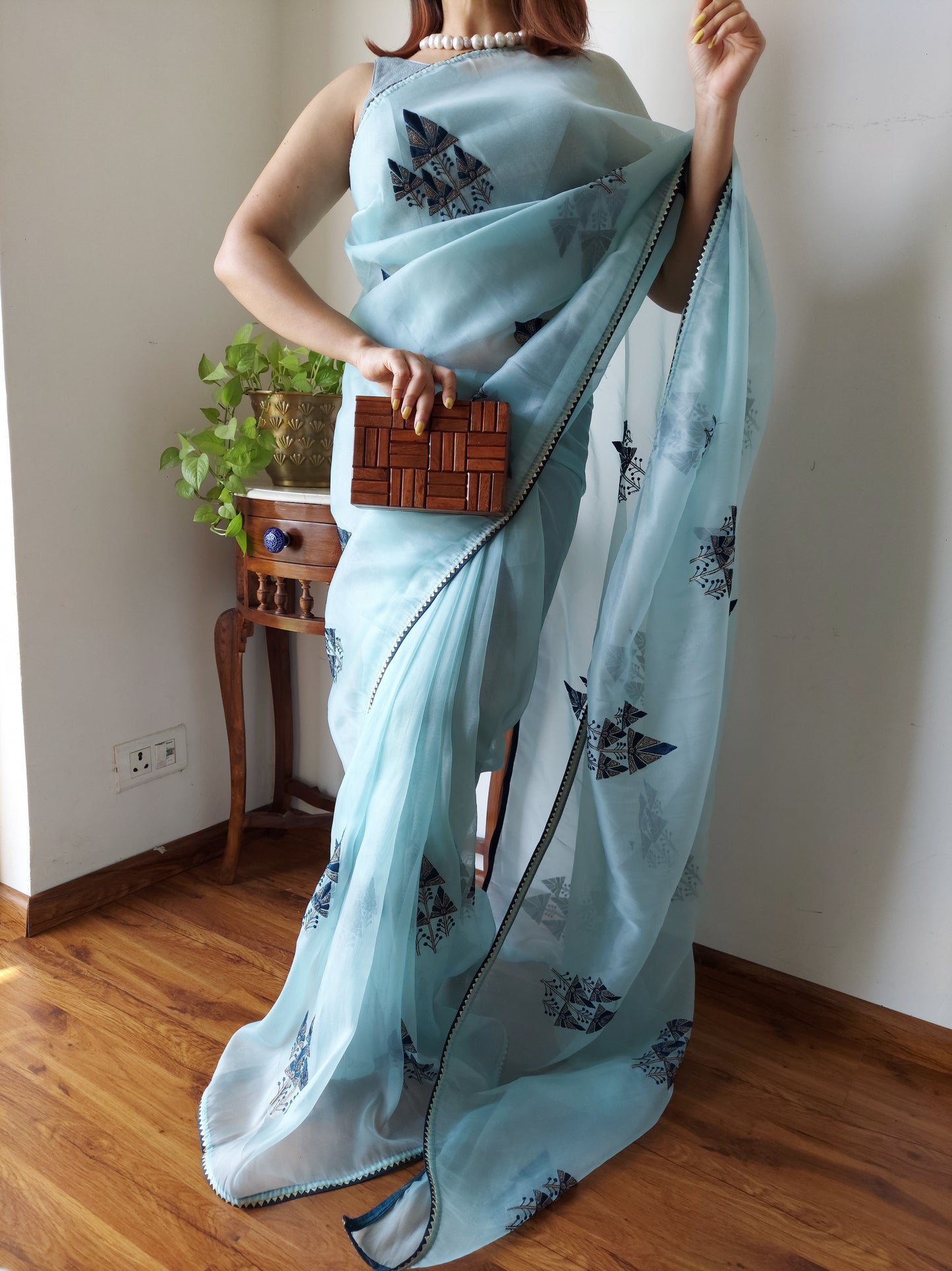 Stunning Blue Organza Silk Saree With Embroidery
