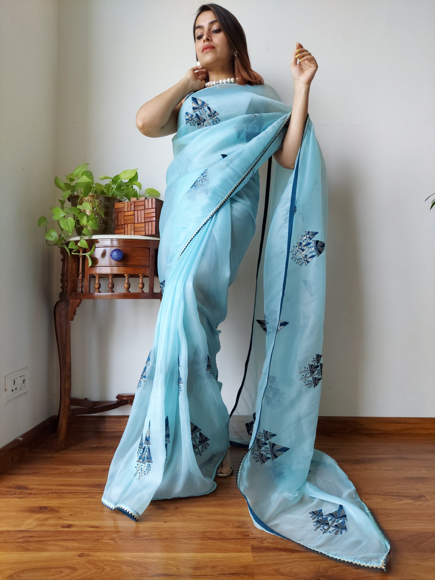 Stunning Blue Organza Silk Saree With Embroidery