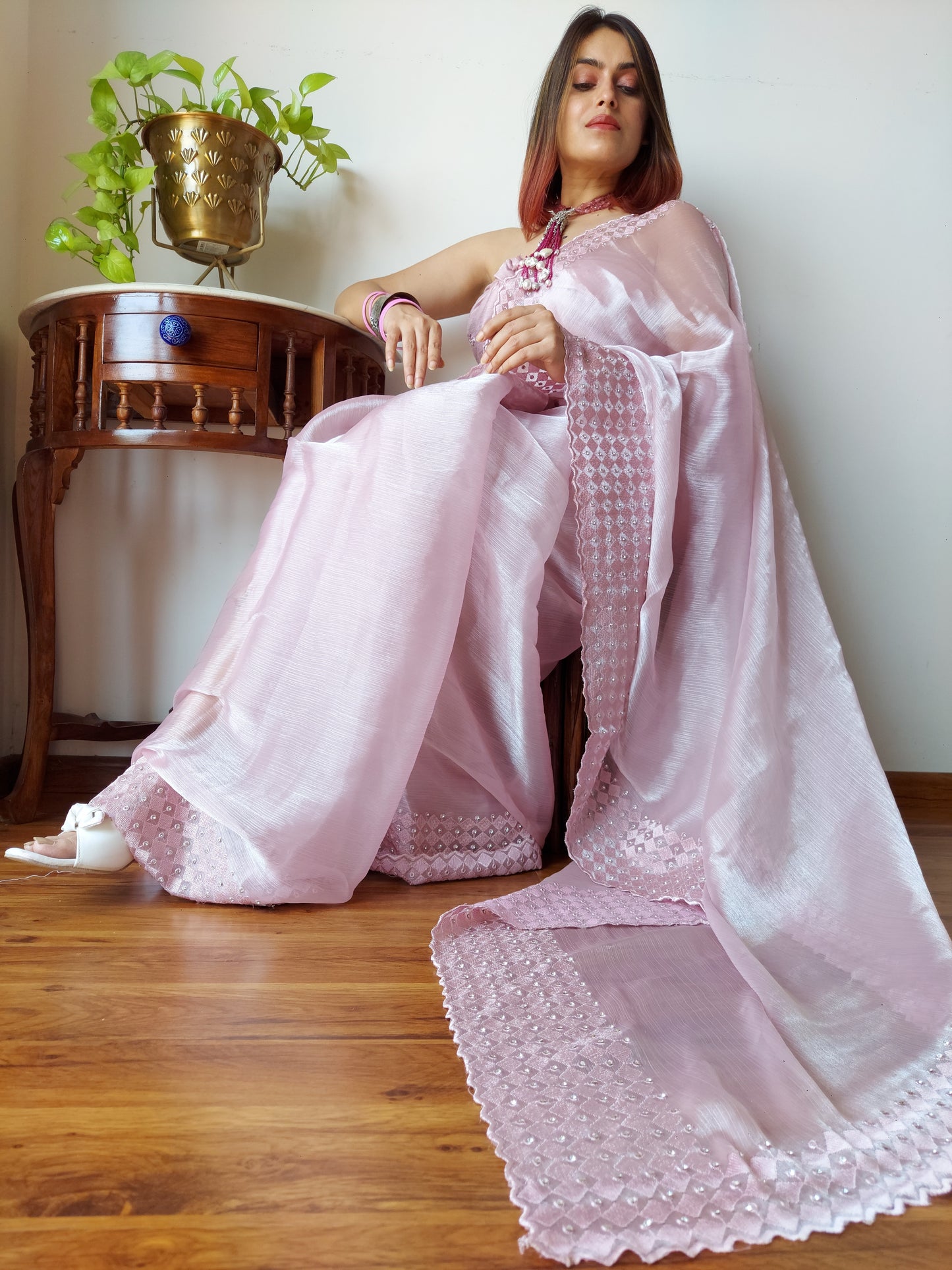 Baby Pink Color Beautiful Organza Designer Saree
