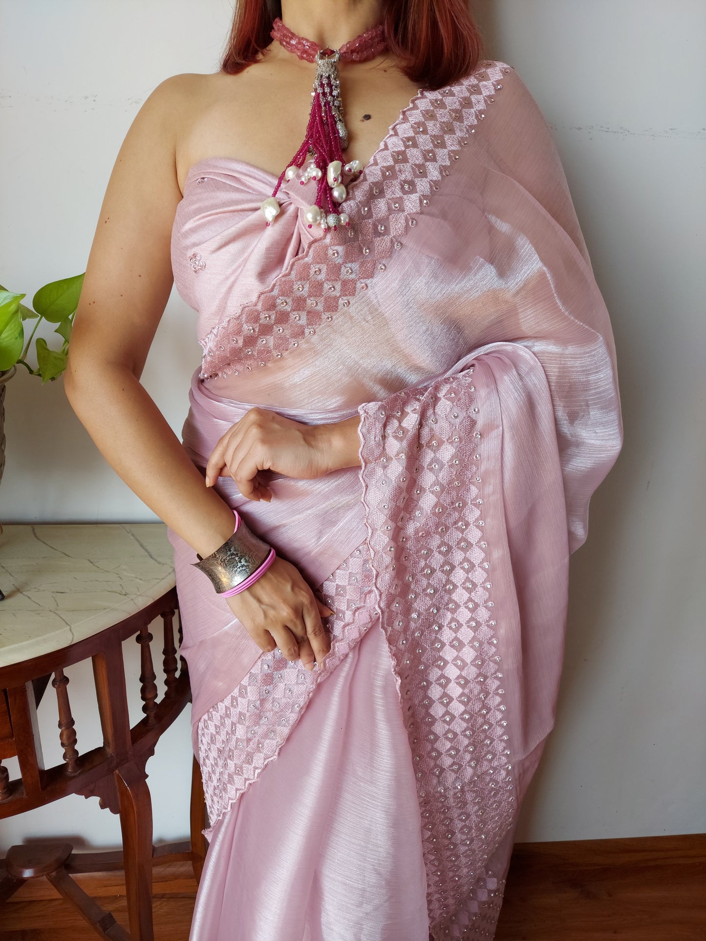Baby Pink Color Beautiful Organza Designer Saree