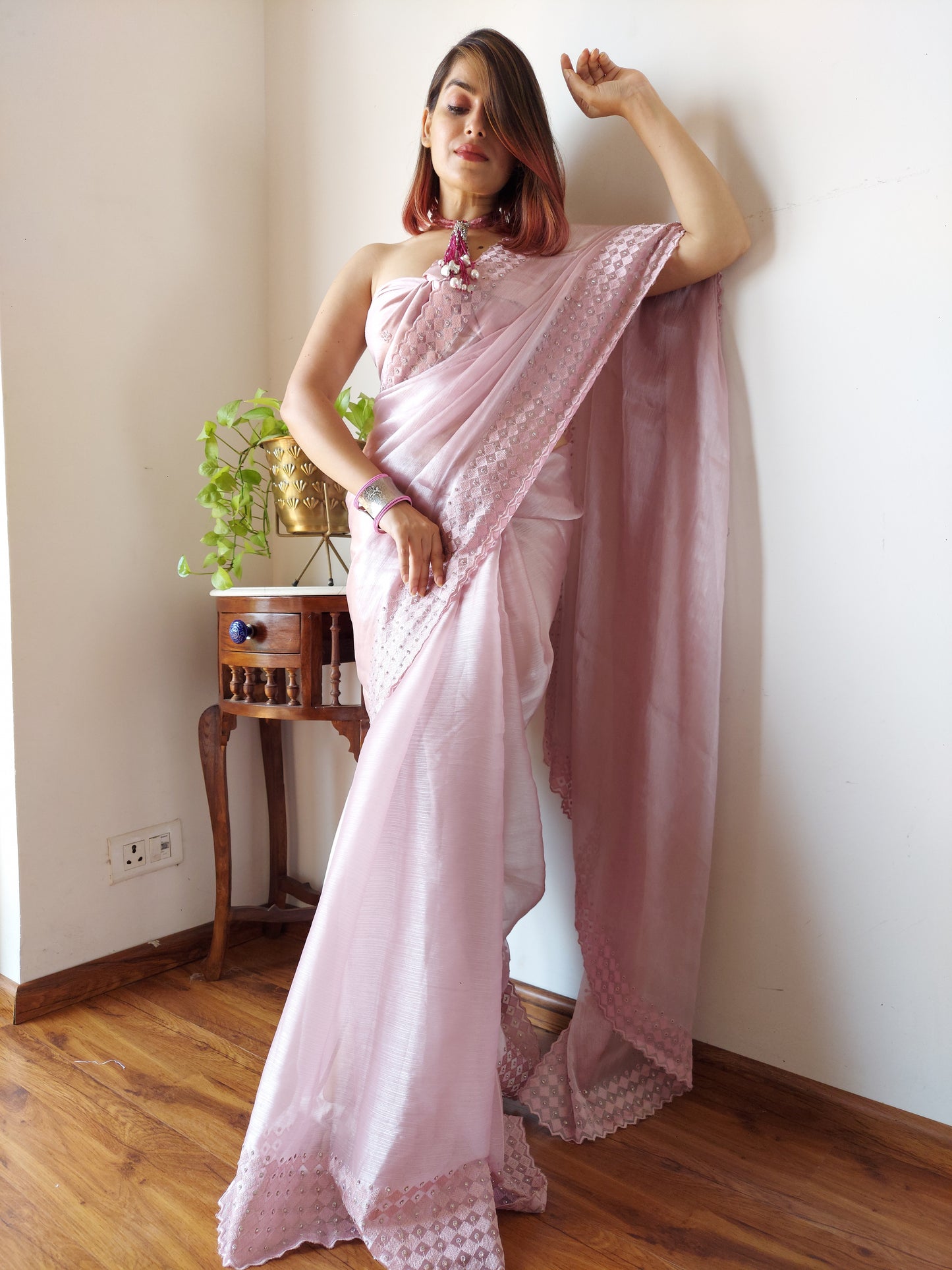Baby Pink Color Beautiful Organza Designer Saree