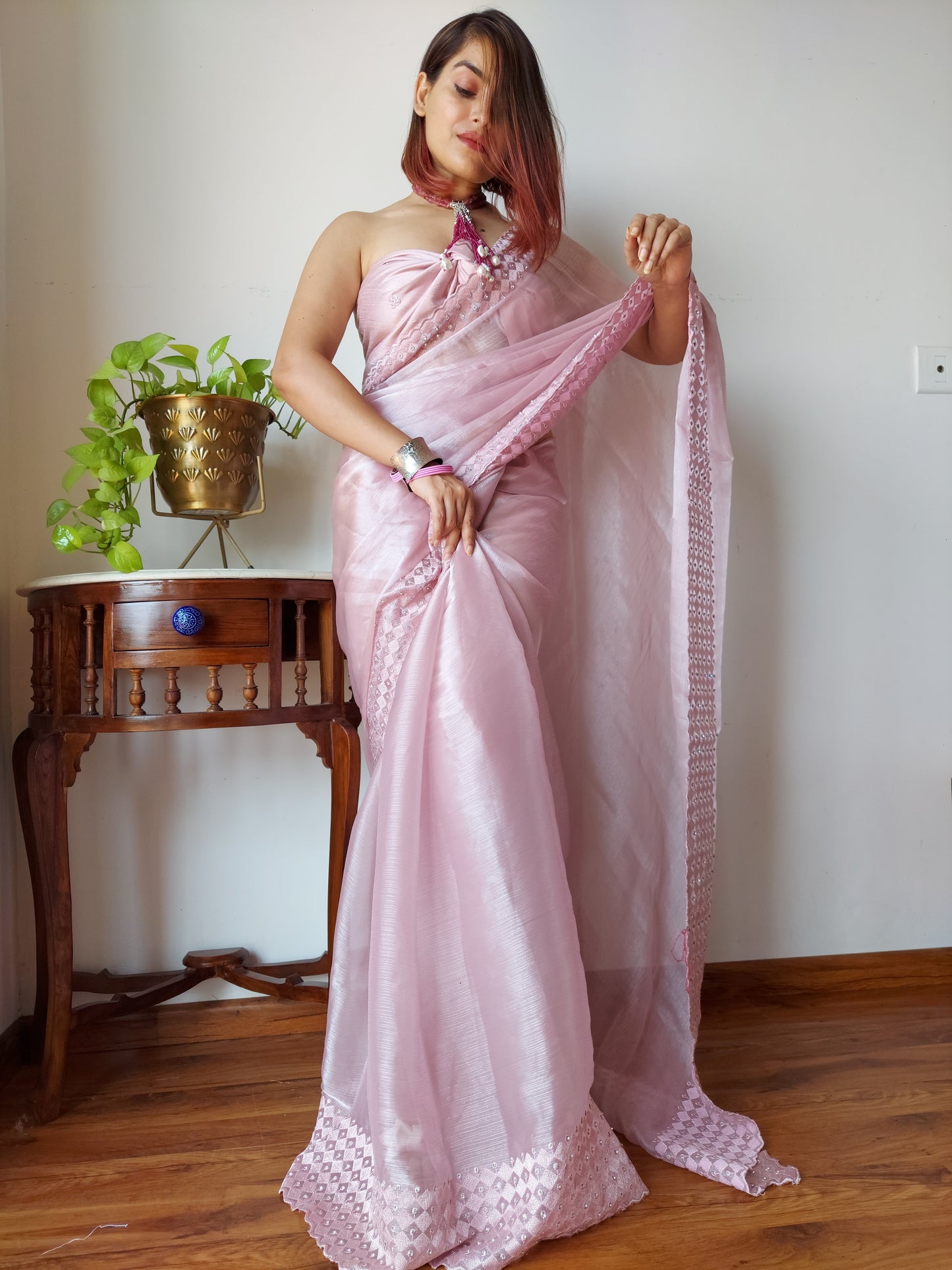 Baby Pink Color Beautiful Organza Designer Saree