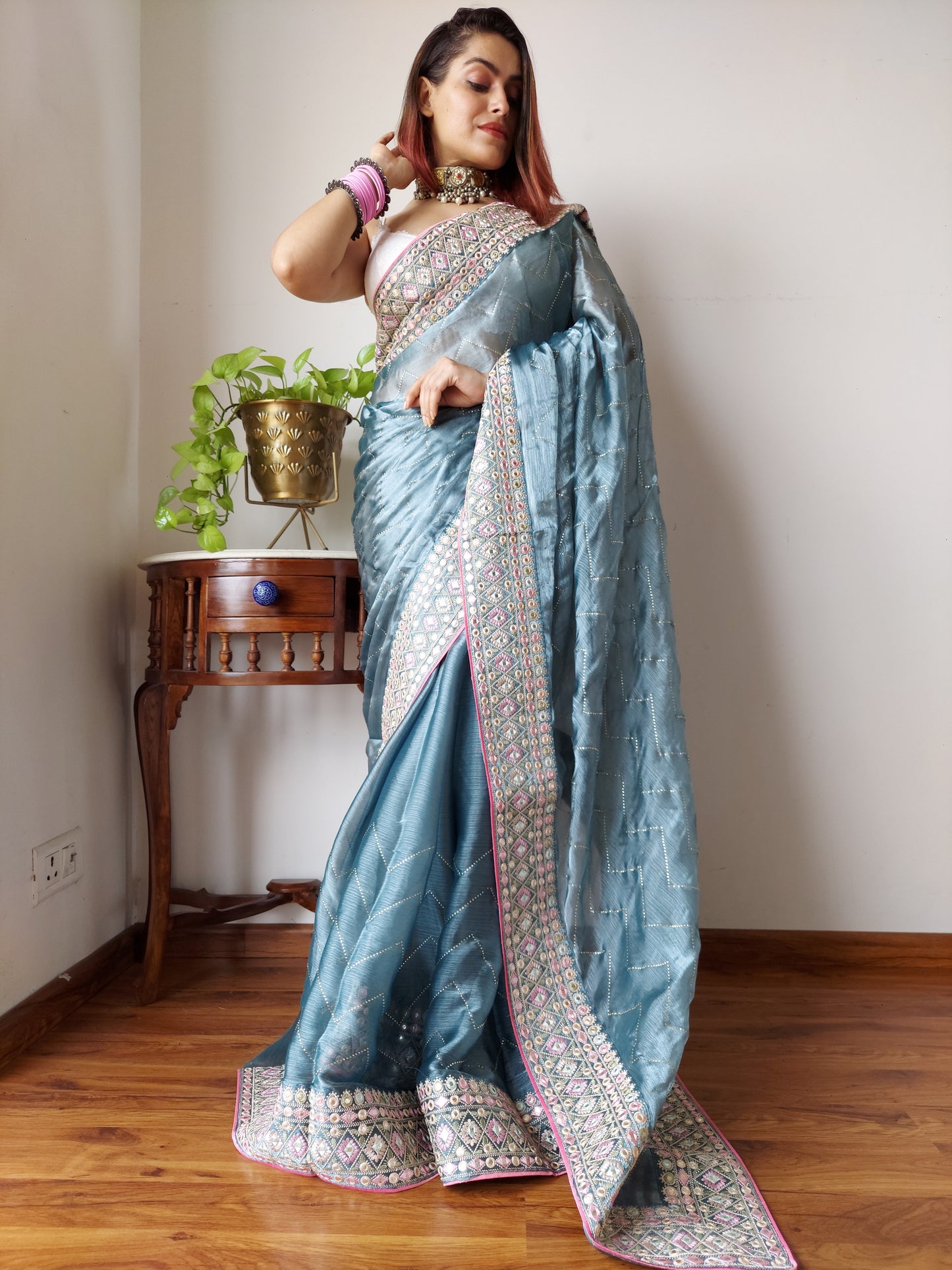 Stunning Powder Blue Burberry Silk Saree With Embroidery Work