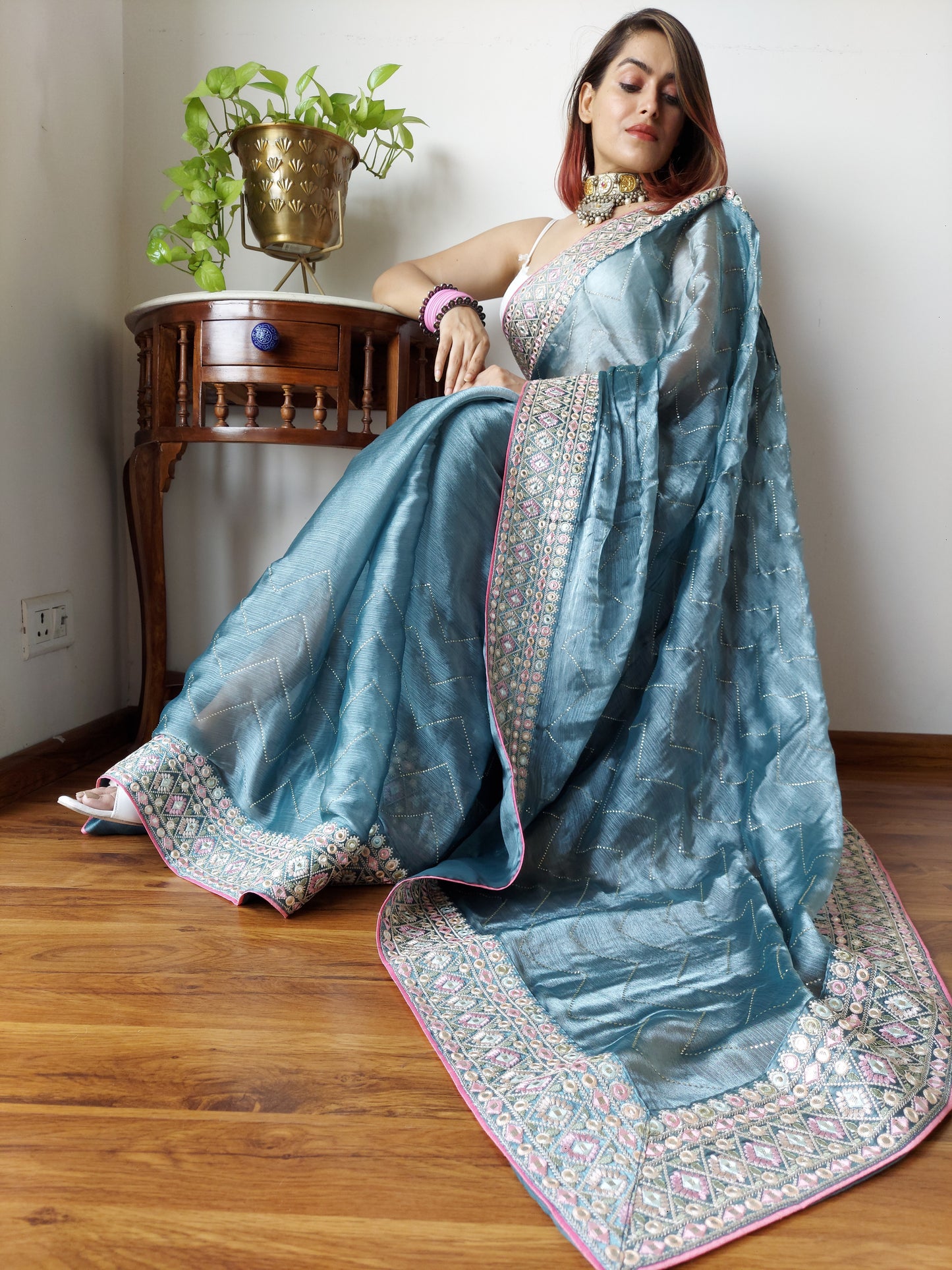 Stunning Powder Blue Burberry Silk Saree With Embroidery Work