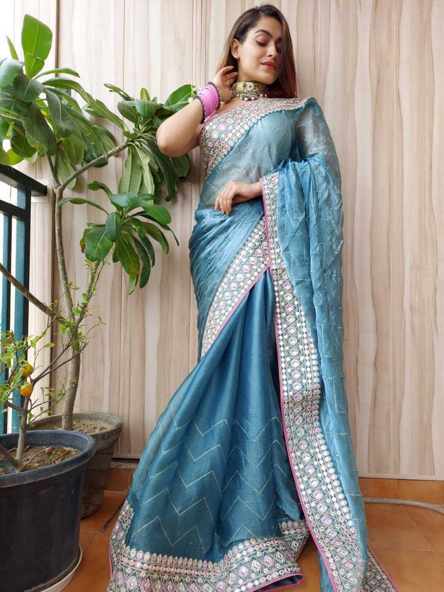 Stunning Powder Blue Burberry Silk Saree With Embroidery Work
