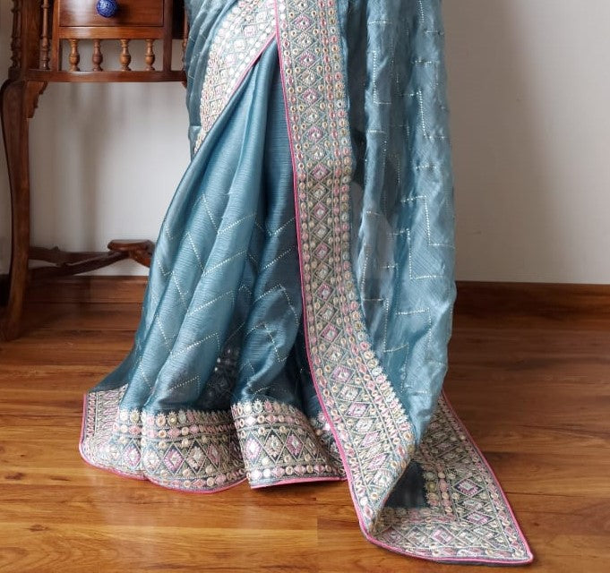 Stunning Powder Blue Burberry Silk Saree With Embroidery Work