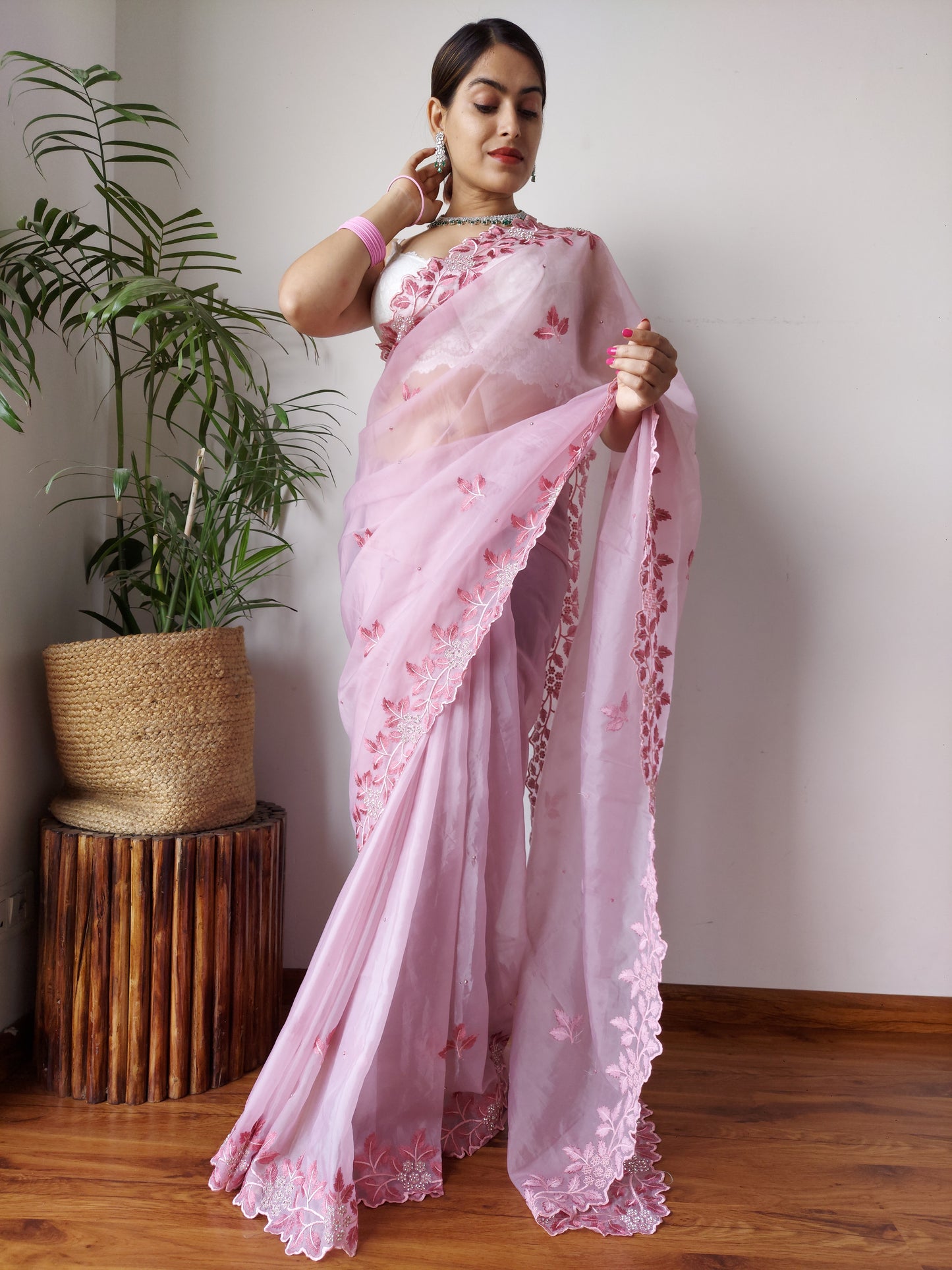 Stunning Pink Crystal Organza Silk Saree With Work