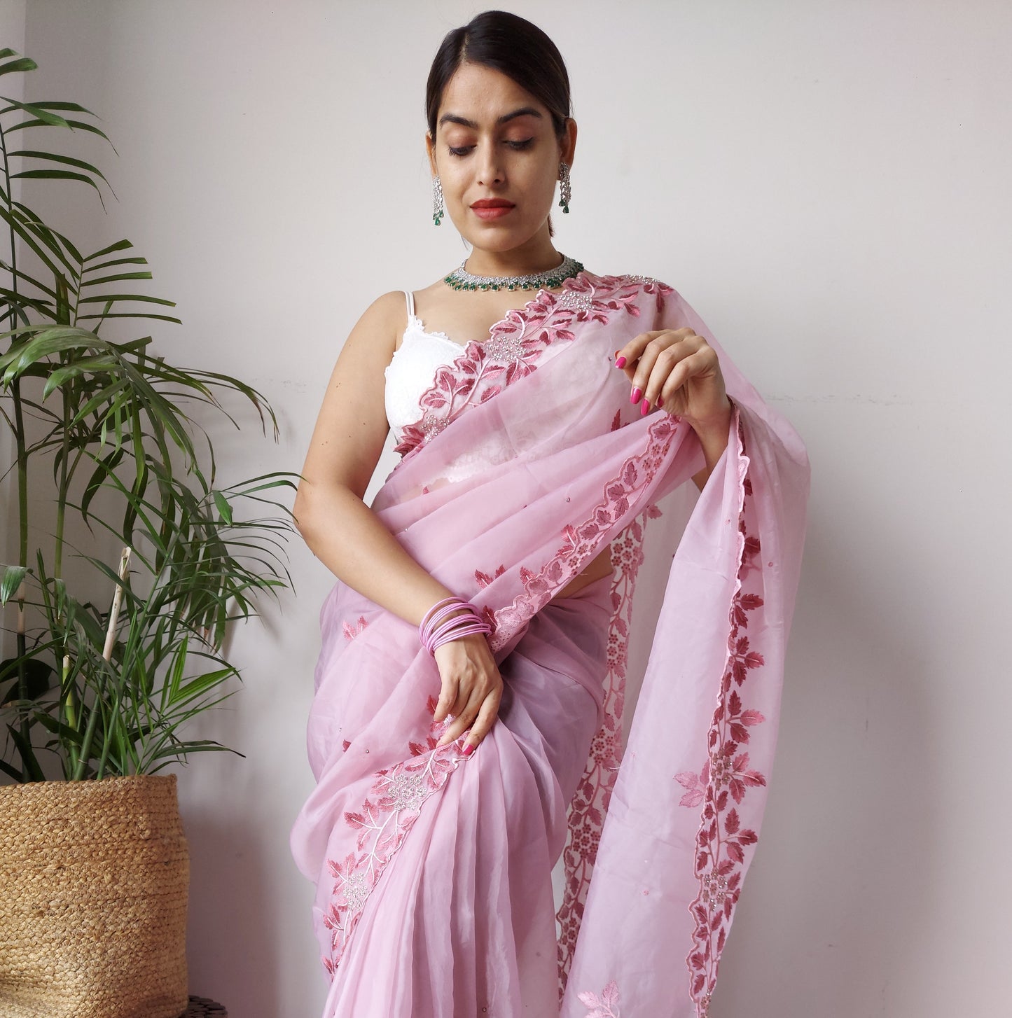 Stunning Pink Crystal Organza Silk Saree With Work