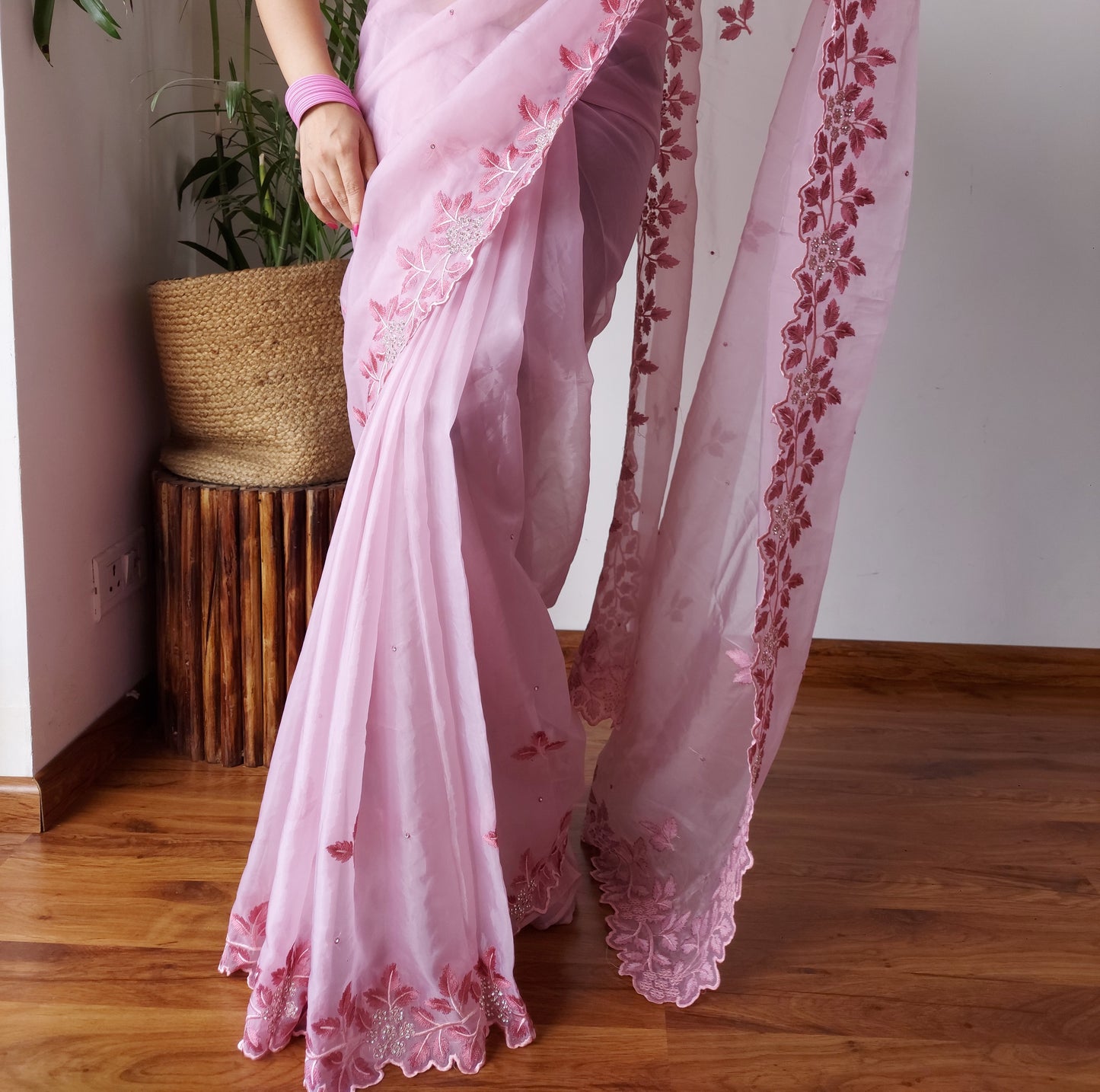 Stunning Pink Crystal Organza Silk Saree With Work