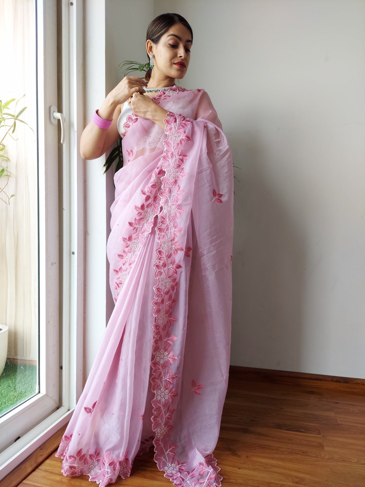 Stunning Pink Crystal Organza Silk Saree With Work