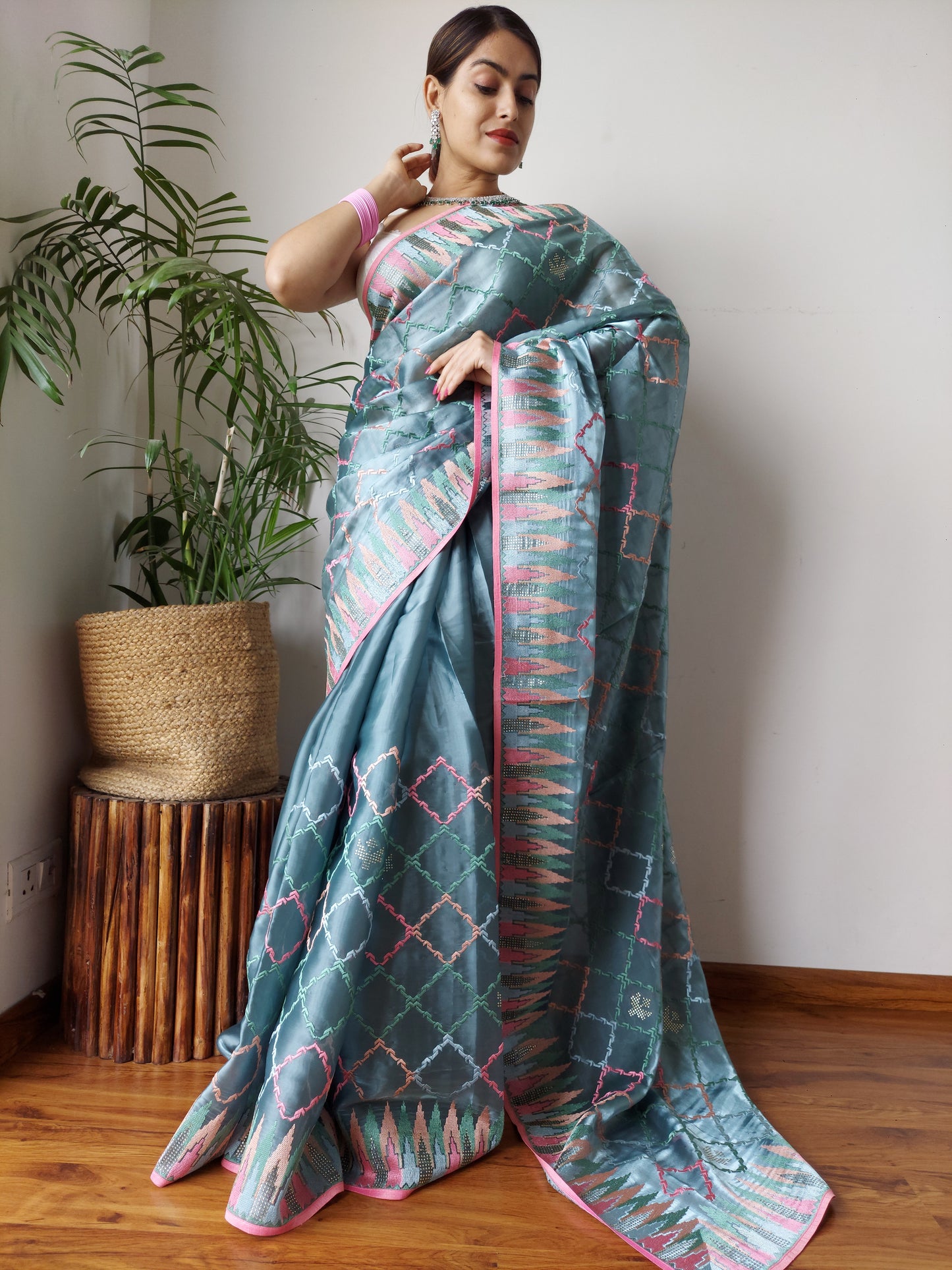 Stunning Powder Blue Jimmy Chu Silk Saree With Embroidery Work