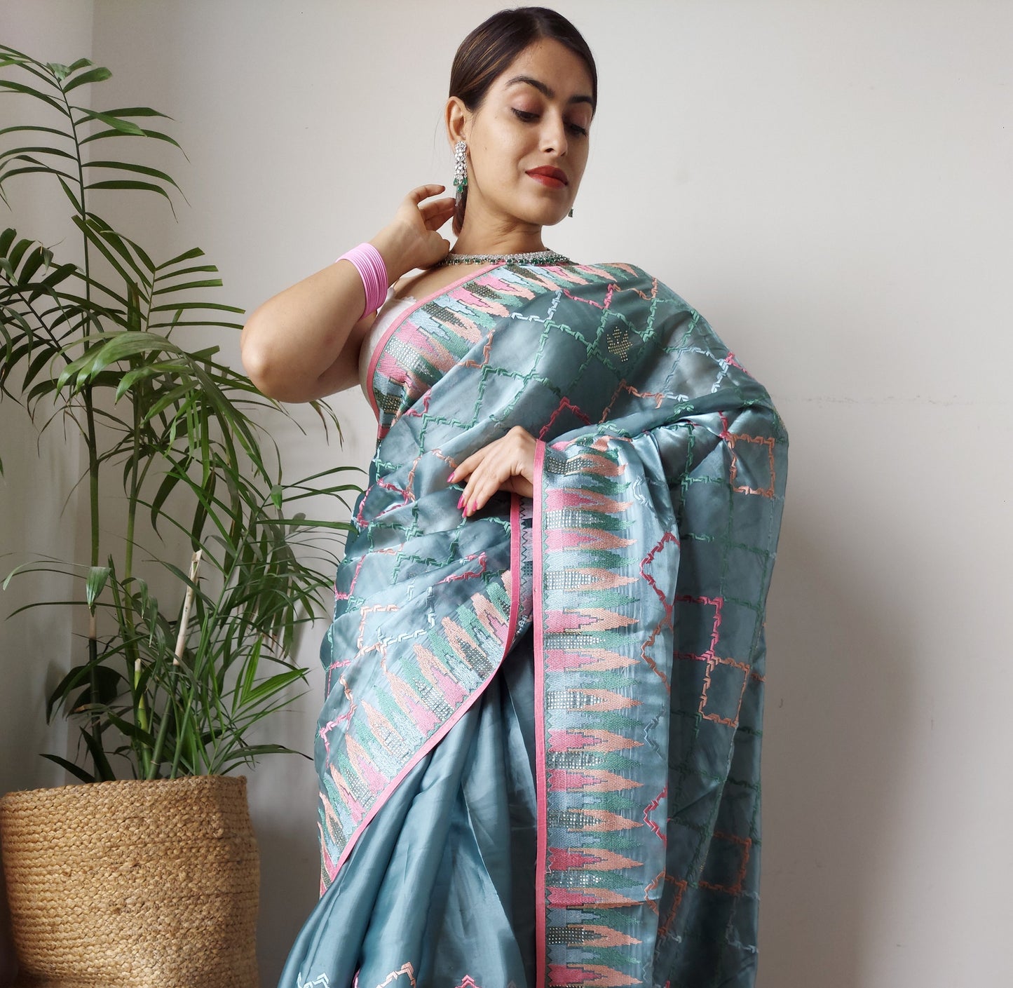 Stunning Powder Blue Jimmy Chu Silk Saree With Embroidery Work