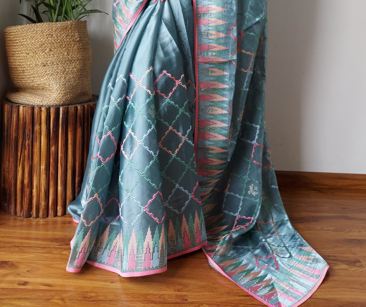 Stunning Powder Blue Jimmy Chu Silk Saree With Embroidery Work