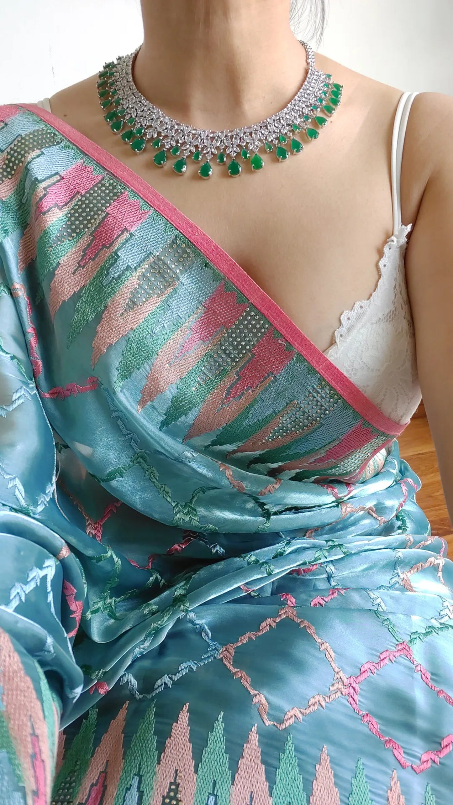 Stunning Powder Blue Jimmy Chu Silk Saree With Embroidery Work