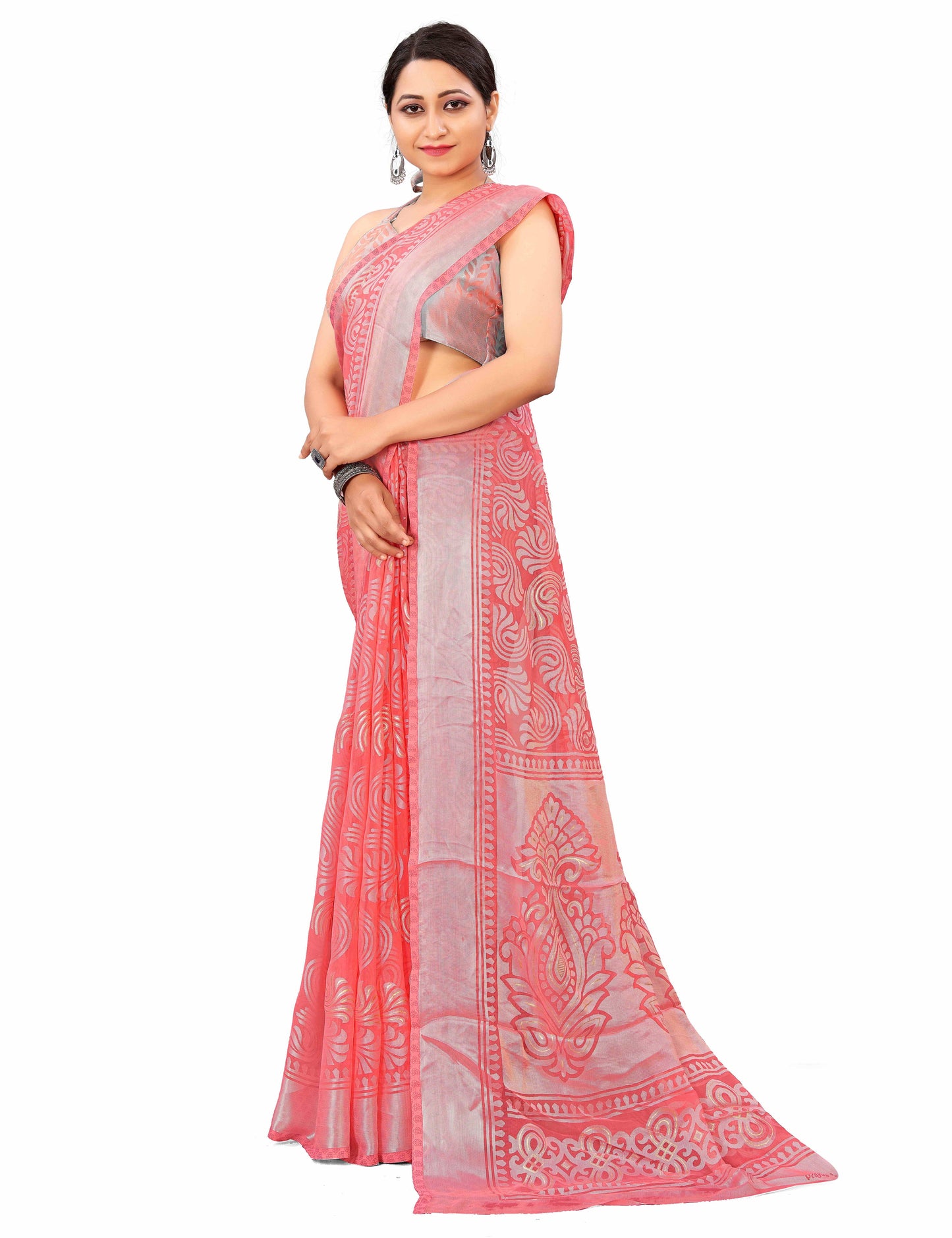 Beautiful Pink Brasso Saree With Ethnic Motif & Gold Zari Prints