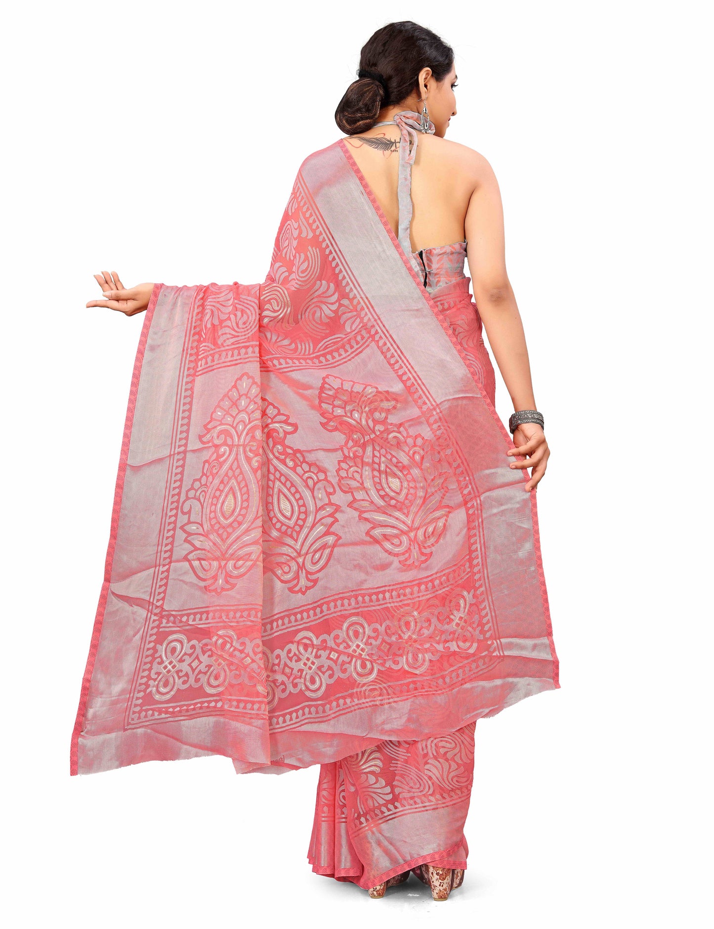 Beautiful Pink Brasso Saree With Ethnic Motif & Gold Zari Prints