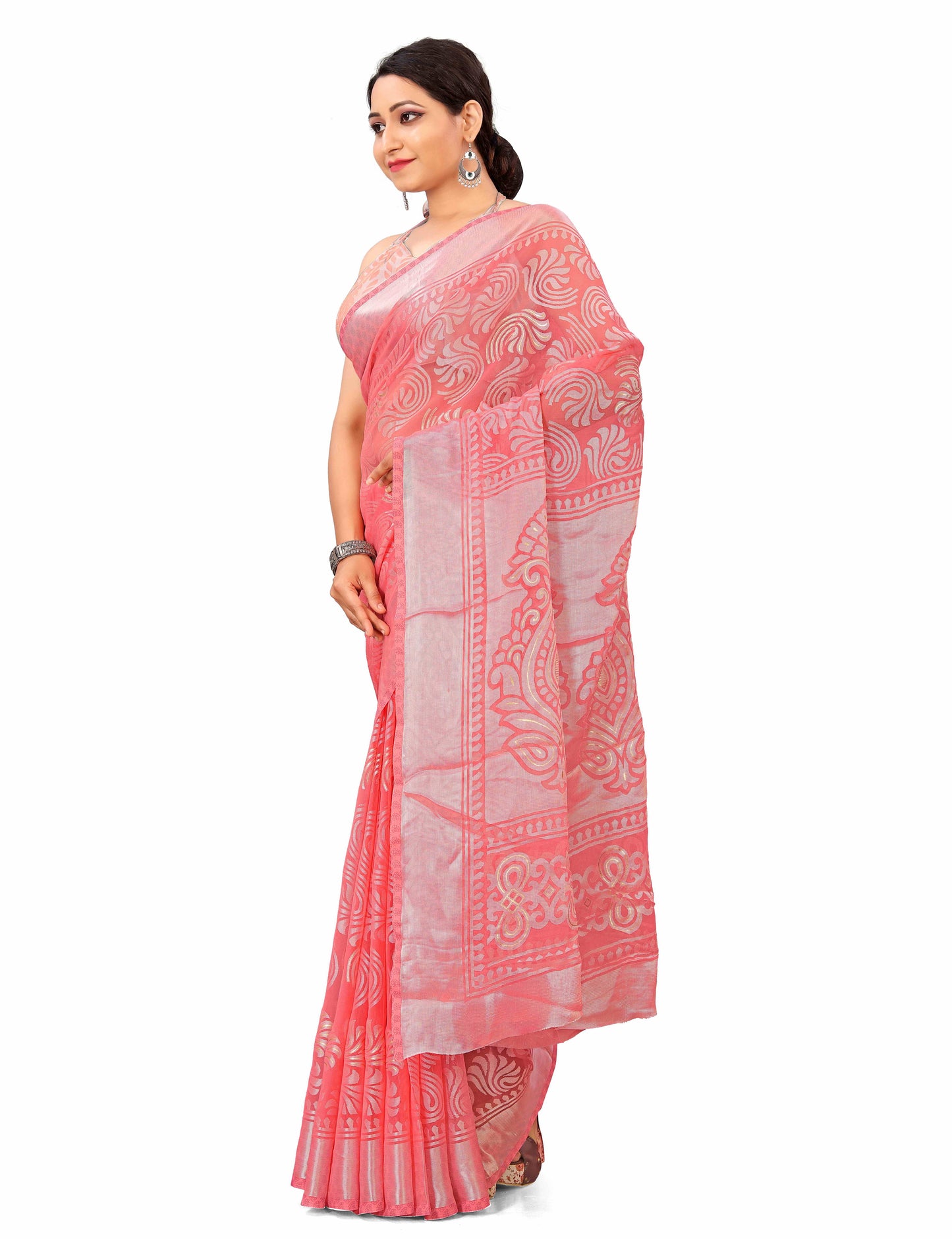 Beautiful Pink Brasso Saree With Ethnic Motif & Gold Zari Prints