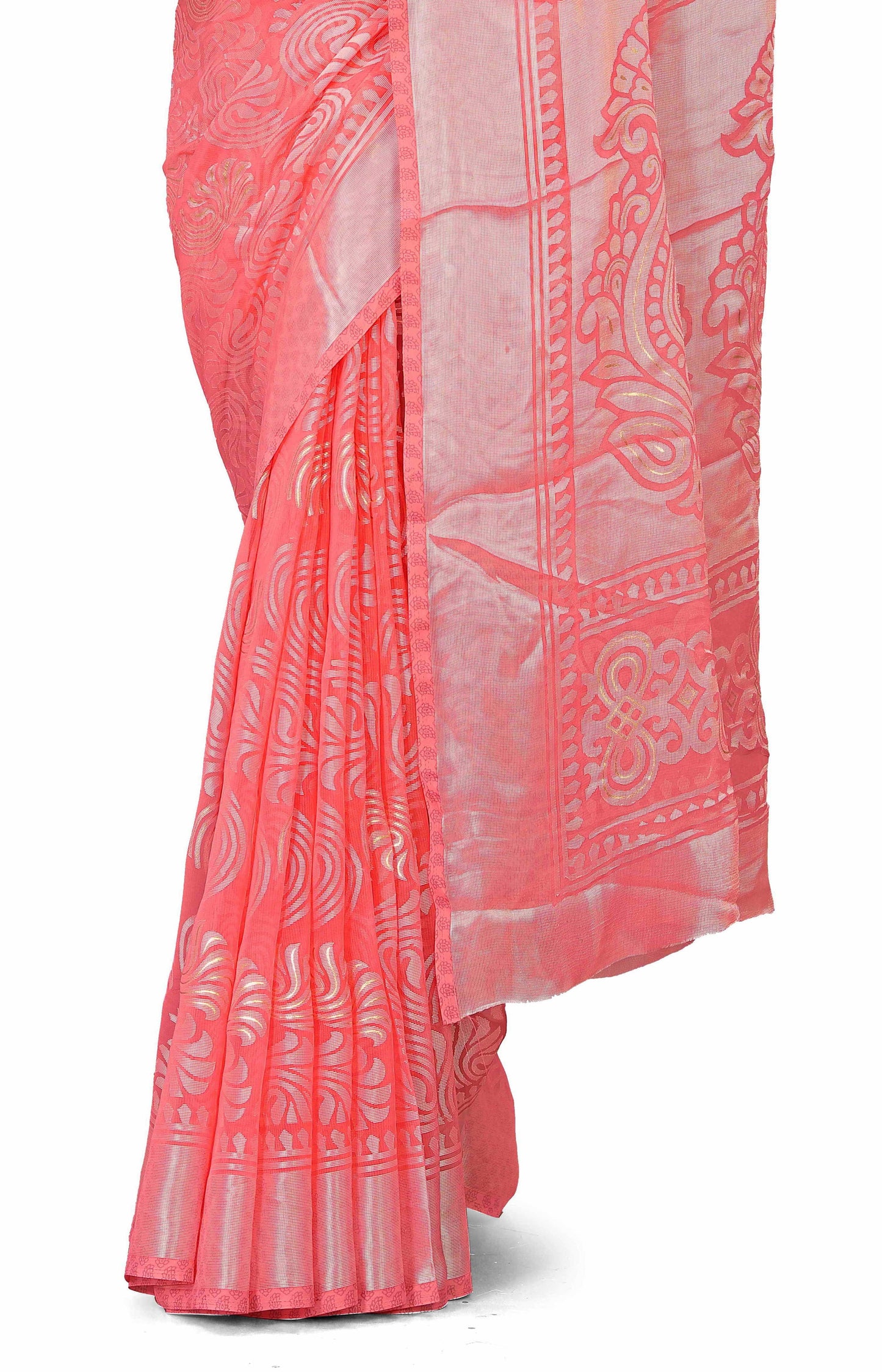 Beautiful Pink Brasso Saree With Ethnic Motif & Gold Zari Prints