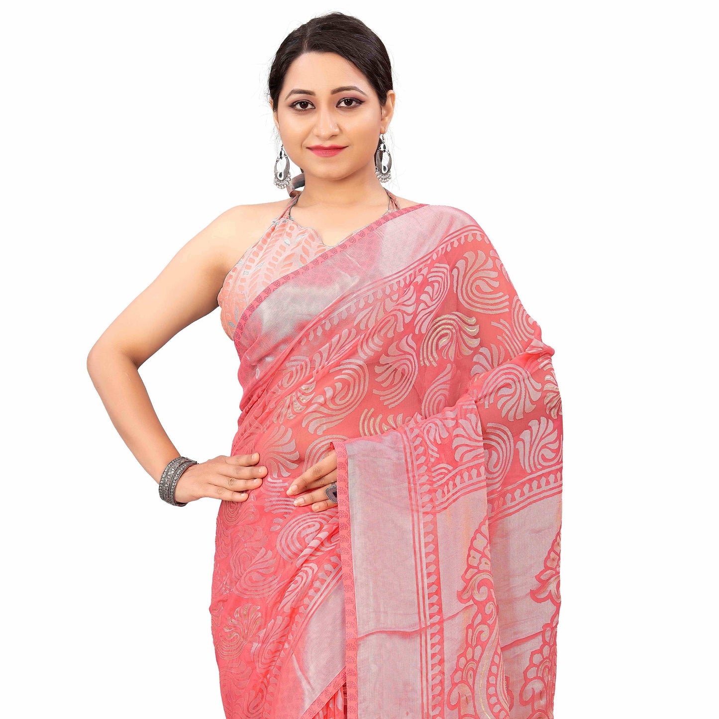 Beautiful Pink Brasso Saree With Ethnic Motif & Gold Zari Prints